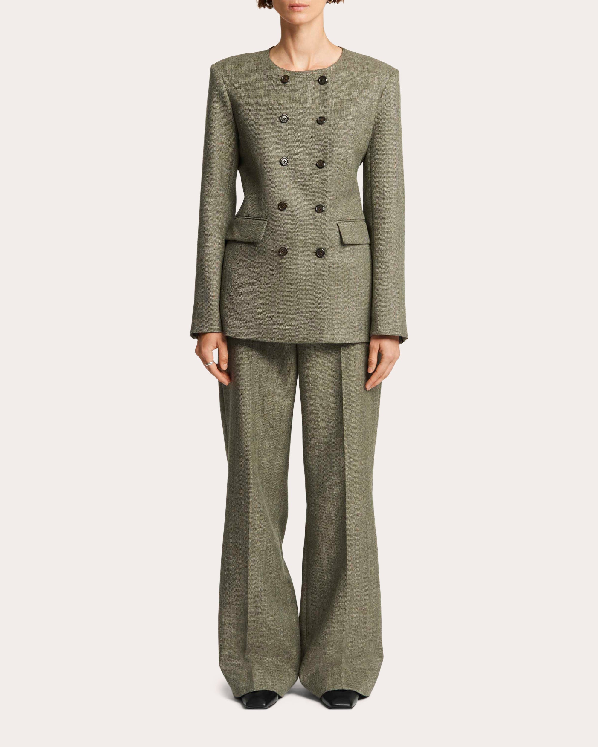 Herringbone Wool Double-Breasted Crewneck Blazer