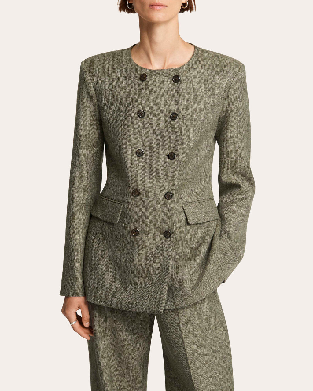 Herringbone Wool Double-Breasted Crewneck Blazer