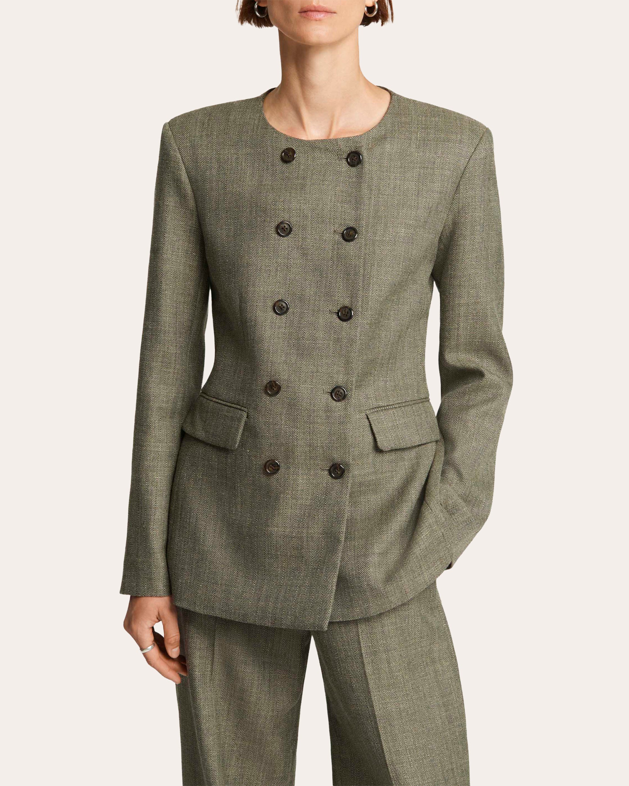 Herringbone Wool Double-Breasted Crewneck Blazer