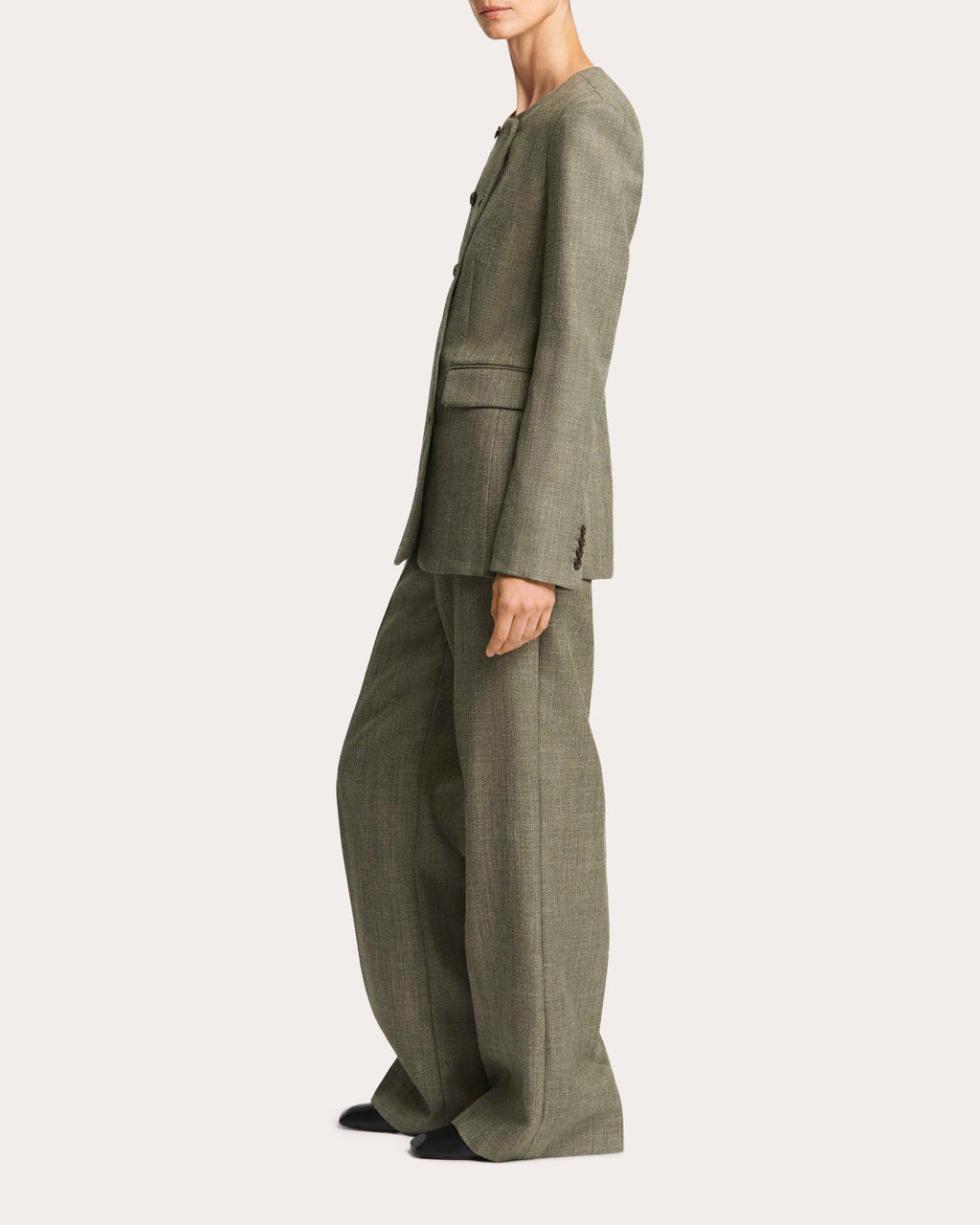 Herringbone Wool Double-Breasted Crewneck Blazer