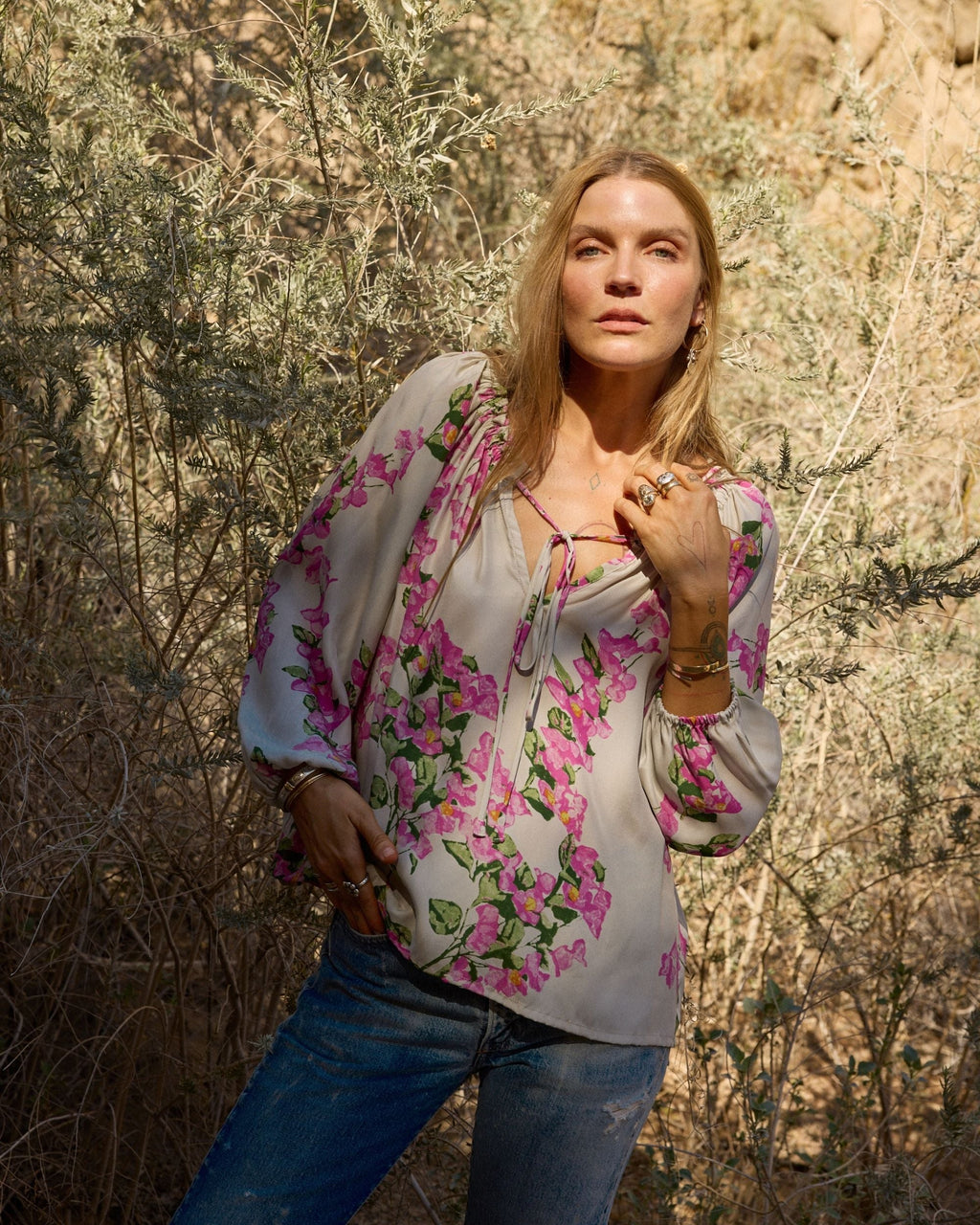 Ashley Floral Silk Tie-Neck Top