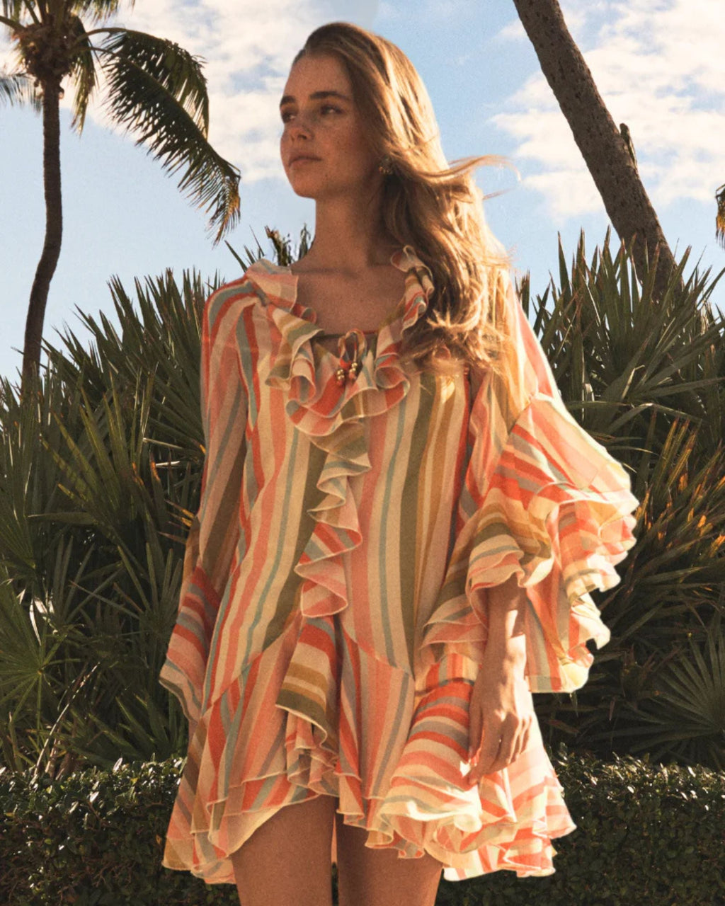 Bimini Stripe Chiffon Ruffle Kaftan Mini Dress
