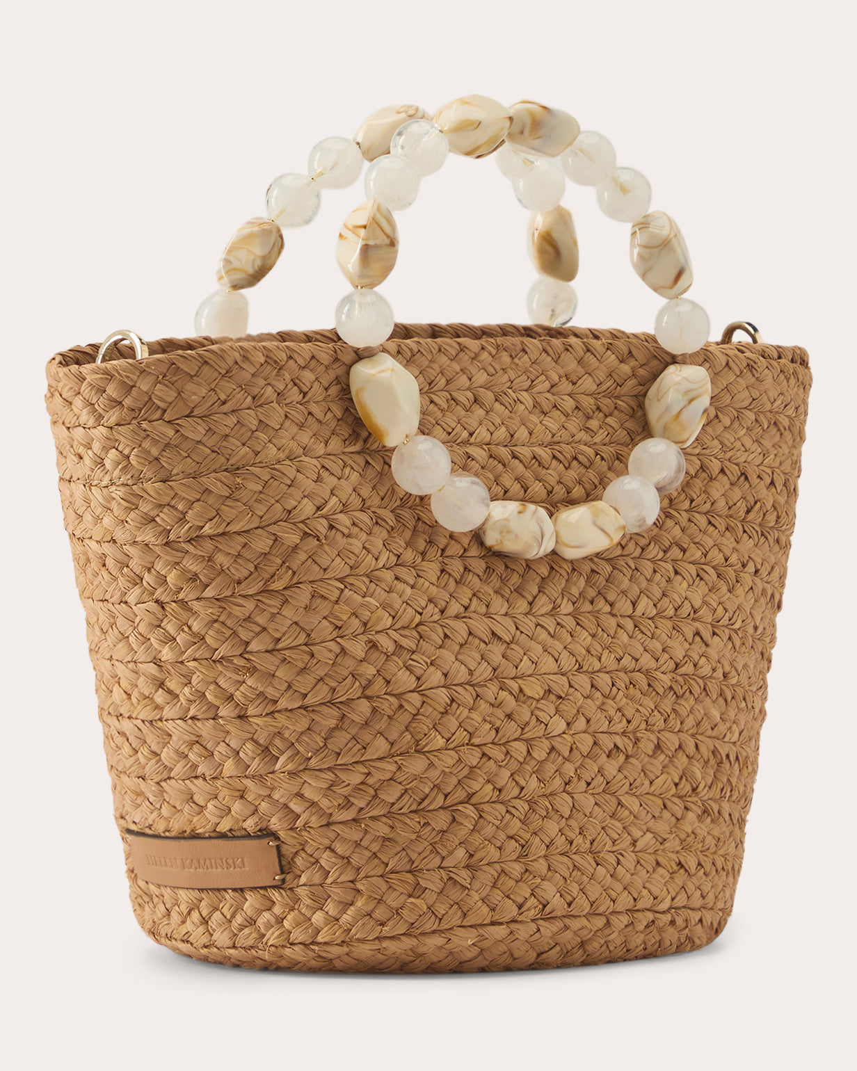 Nacre Faux Pebble Embellished Braided Raffia Tote