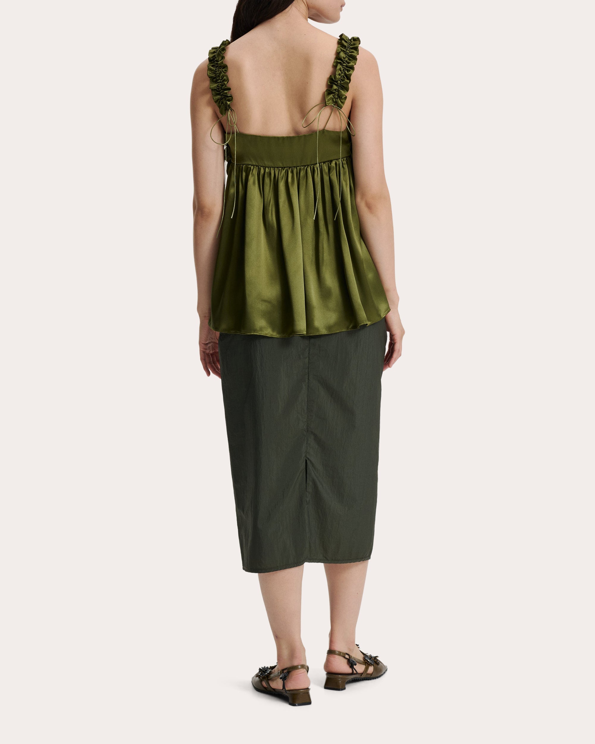 Gia Smocked Ruffle-Trimmed Silk Satin Top