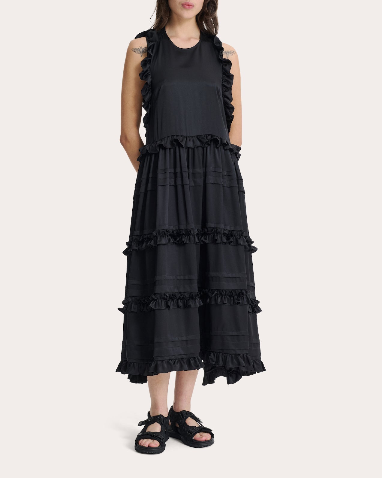 Aileen Ruffle Tiered Silk Satin Midi Dress