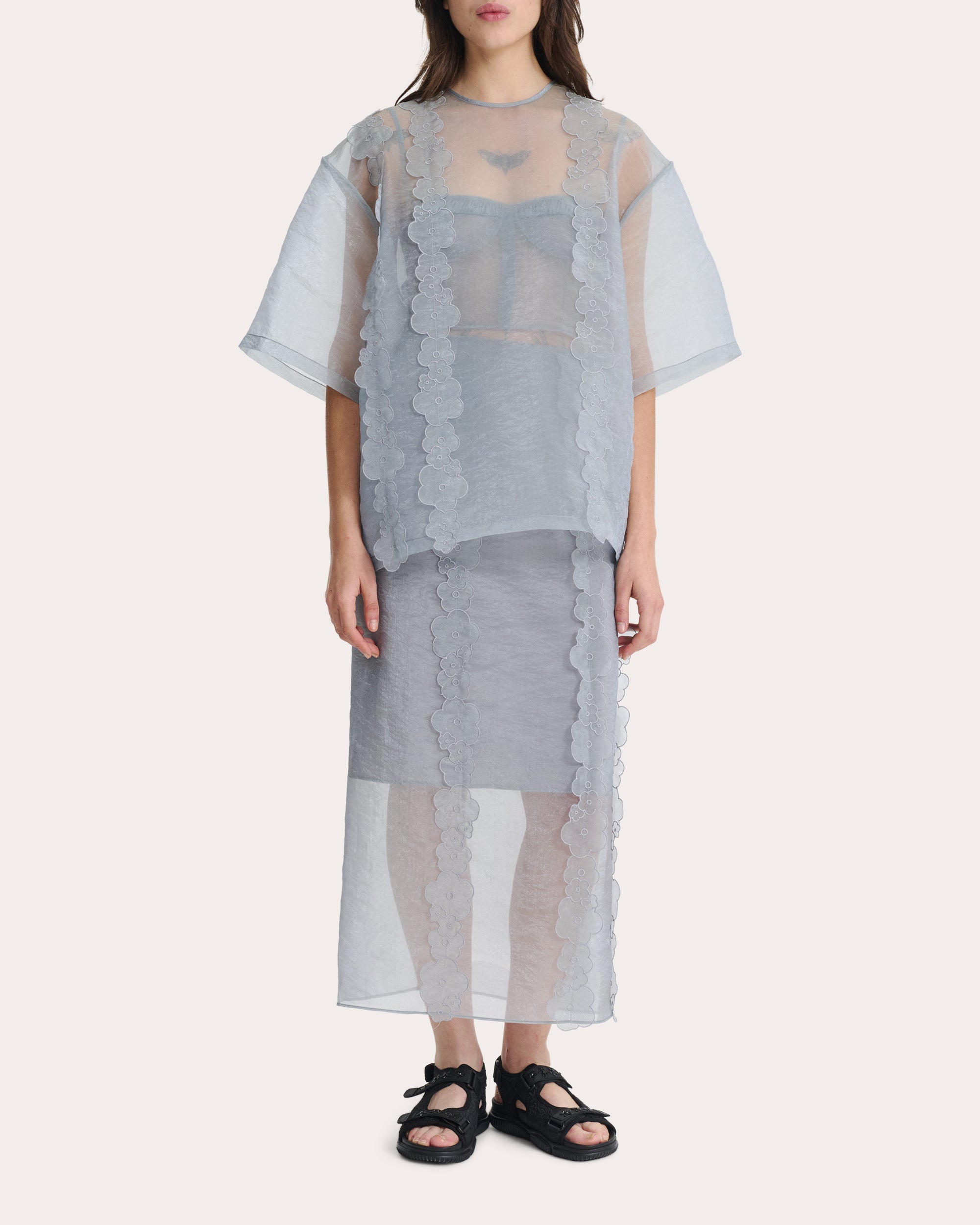 Olympia Floral Appliqué Sheer Liquid Myrtia Midi Skirt