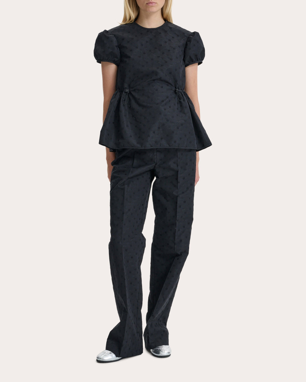 Chiara Iris Jacquard Cinched Puff-Sleeve Top