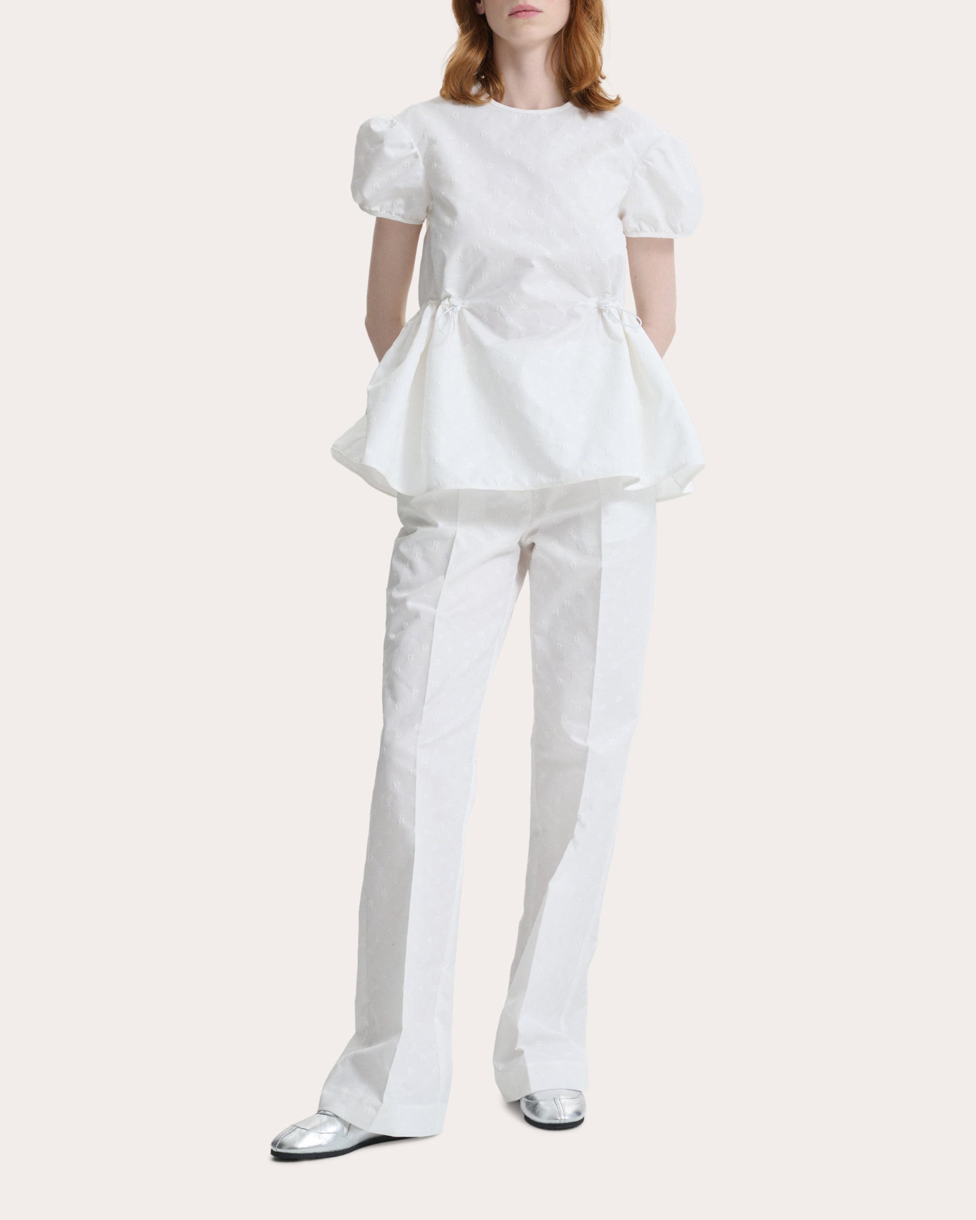 Chiara Iris Jacquard Cinched Puff-Sleeve Top