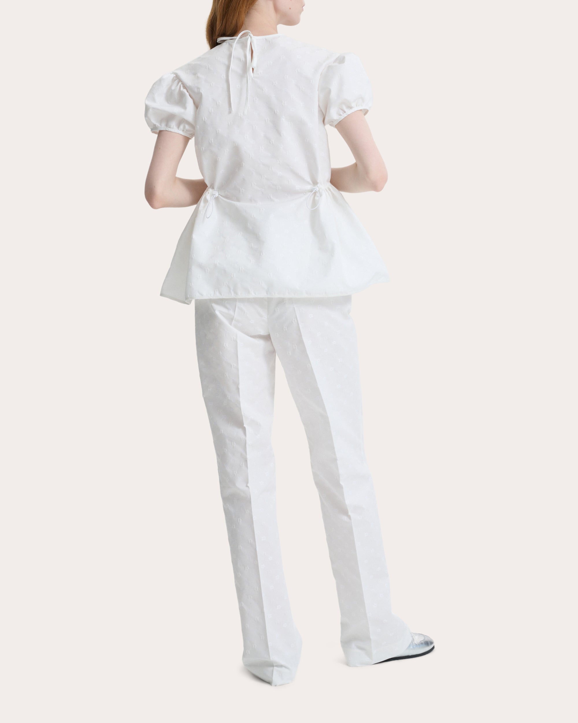 Chiara Iris Jacquard Cinched Puff-Sleeve Top