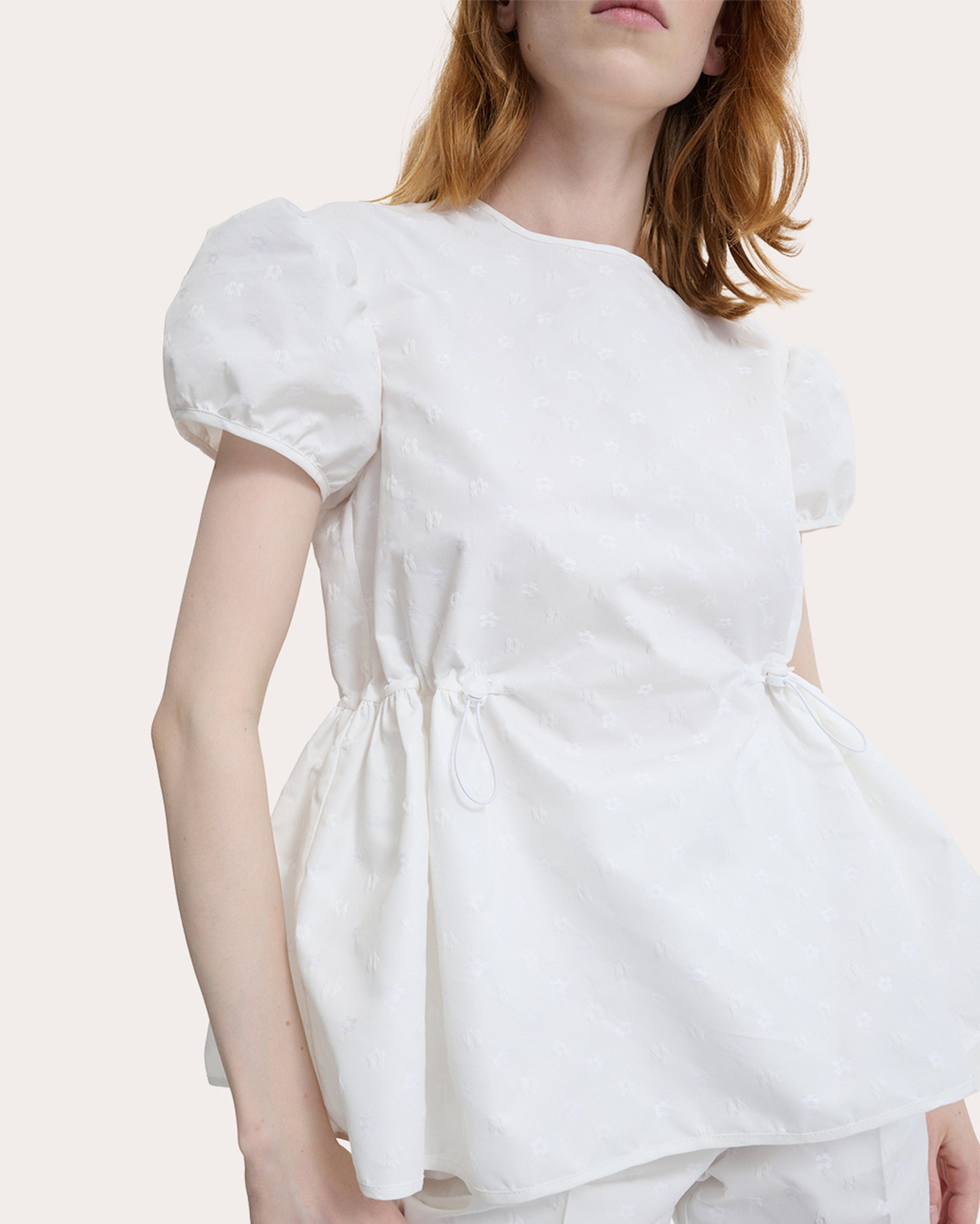 Chiara Iris Jacquard Cinched Puff-Sleeve Top