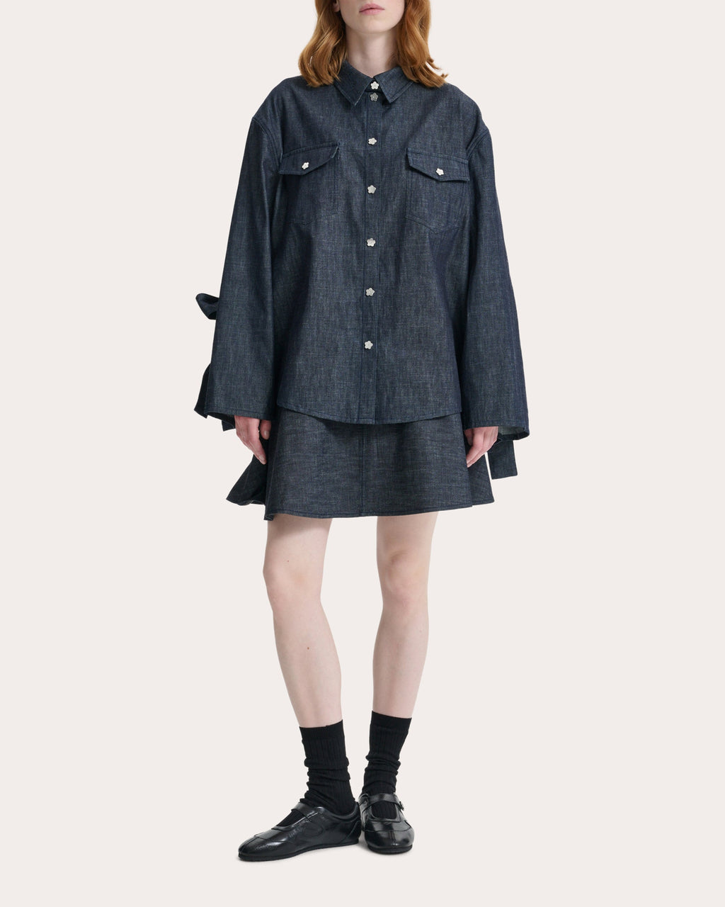Coral Denim Bow-Sleeve Shirt