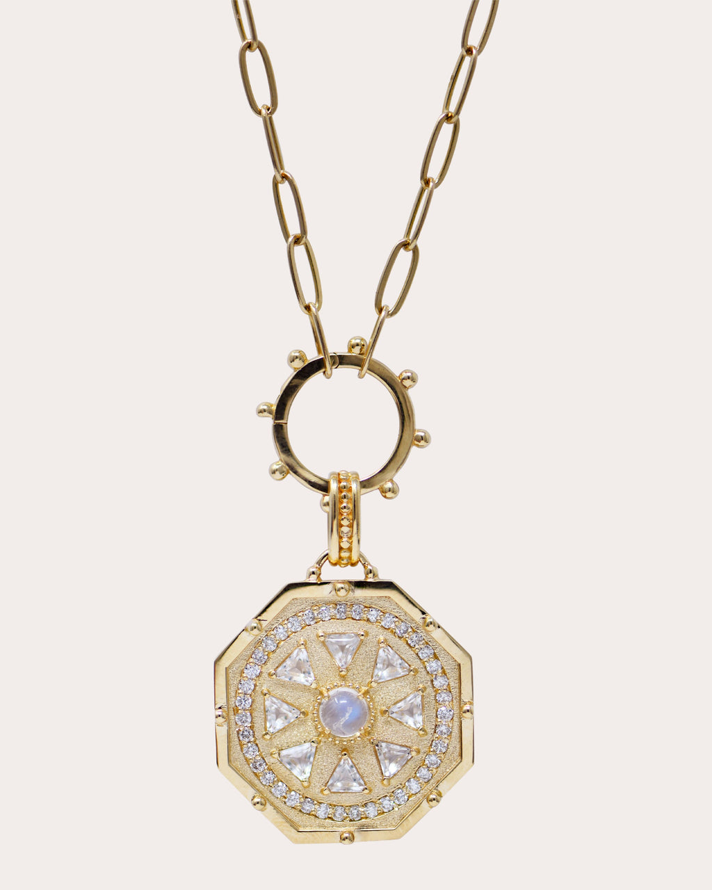 Moonstone & Topaz Aztec Octagon Deco Medallion Necklace
