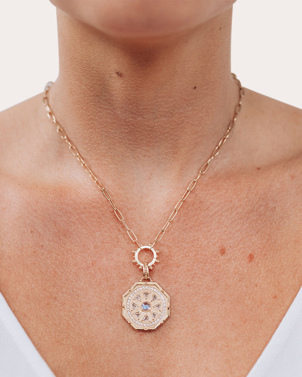 Moonstone & Topaz Aztec Octagon Deco Medallion Necklace