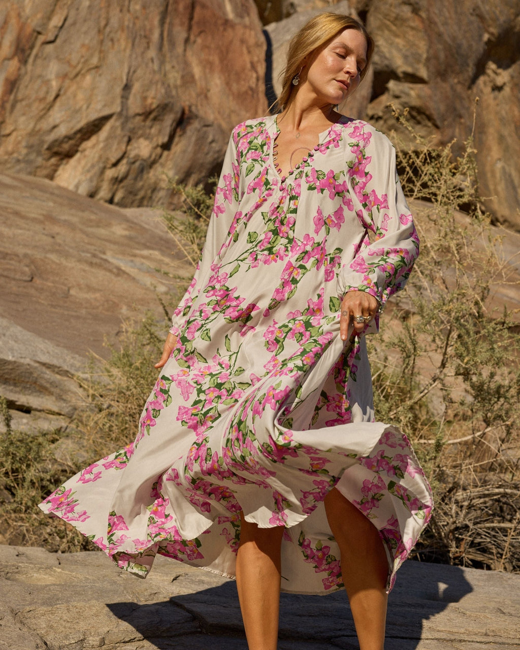 Fiore Floral Silk Pleated Maxi Dress