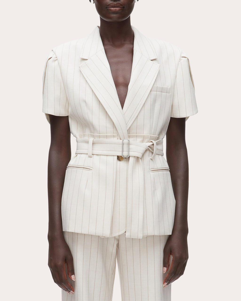 Pinstripe Tulip-Sleeve Belted Blazer