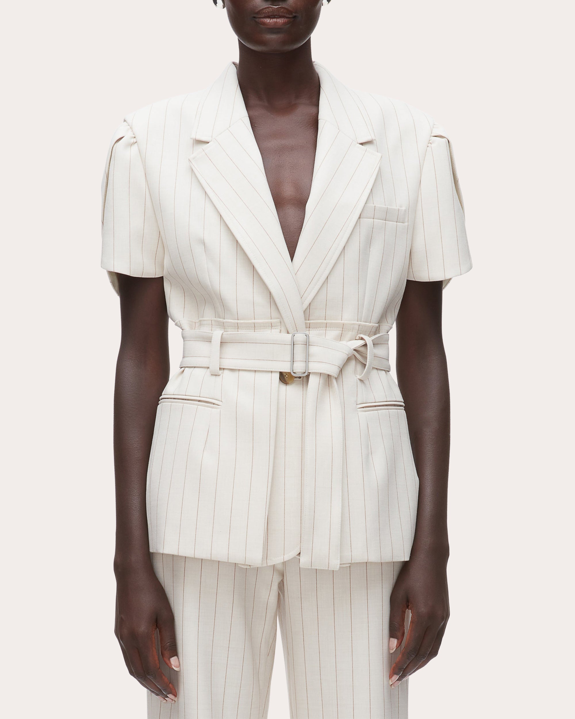 Pinstripe Tulip-Sleeve Belted Blazer