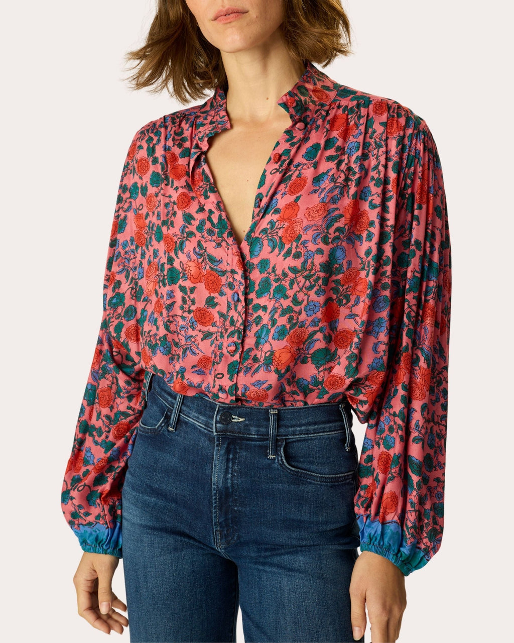 Iris Floral Button-Up Peasant Top