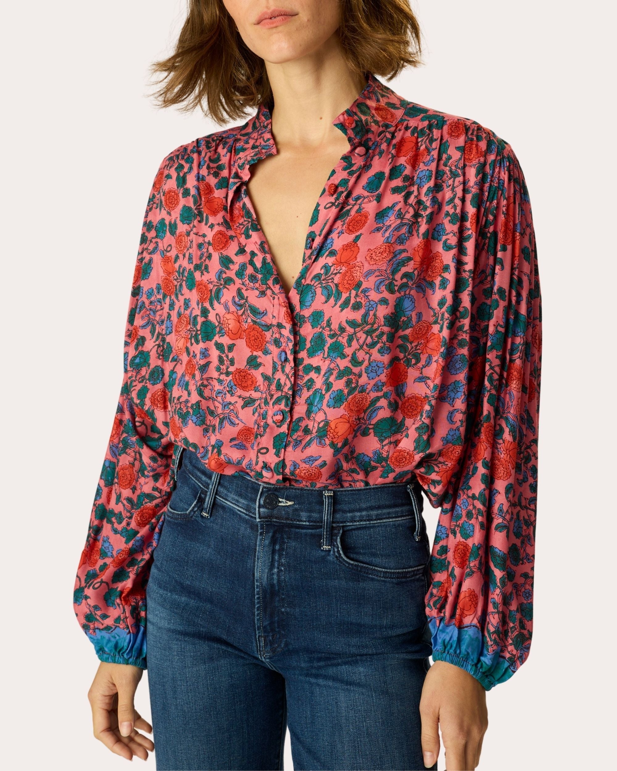 Iris Floral Button-Up Peasant Top