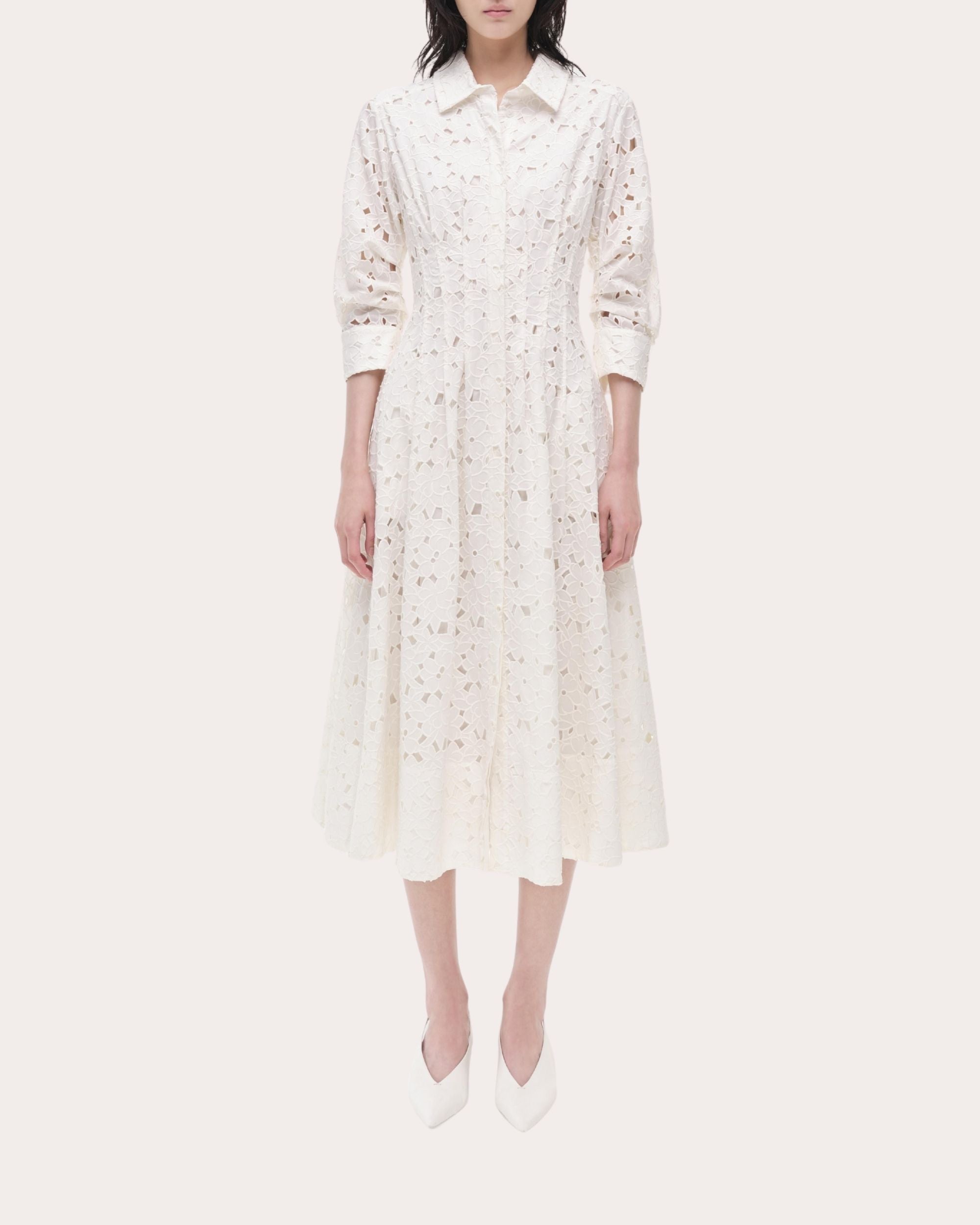 Jazz Pleated Broderie Anglaise Midi Shirt Dress