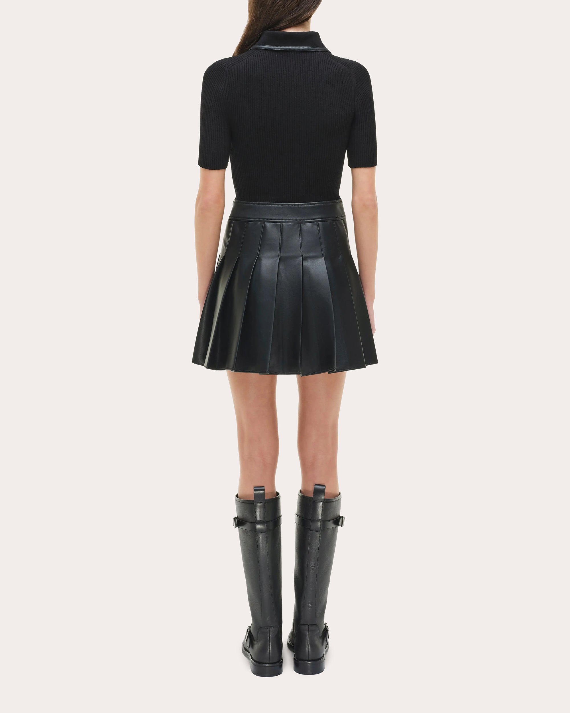 Linnie Knit Faux Leather Combo Pleated Mini Dress