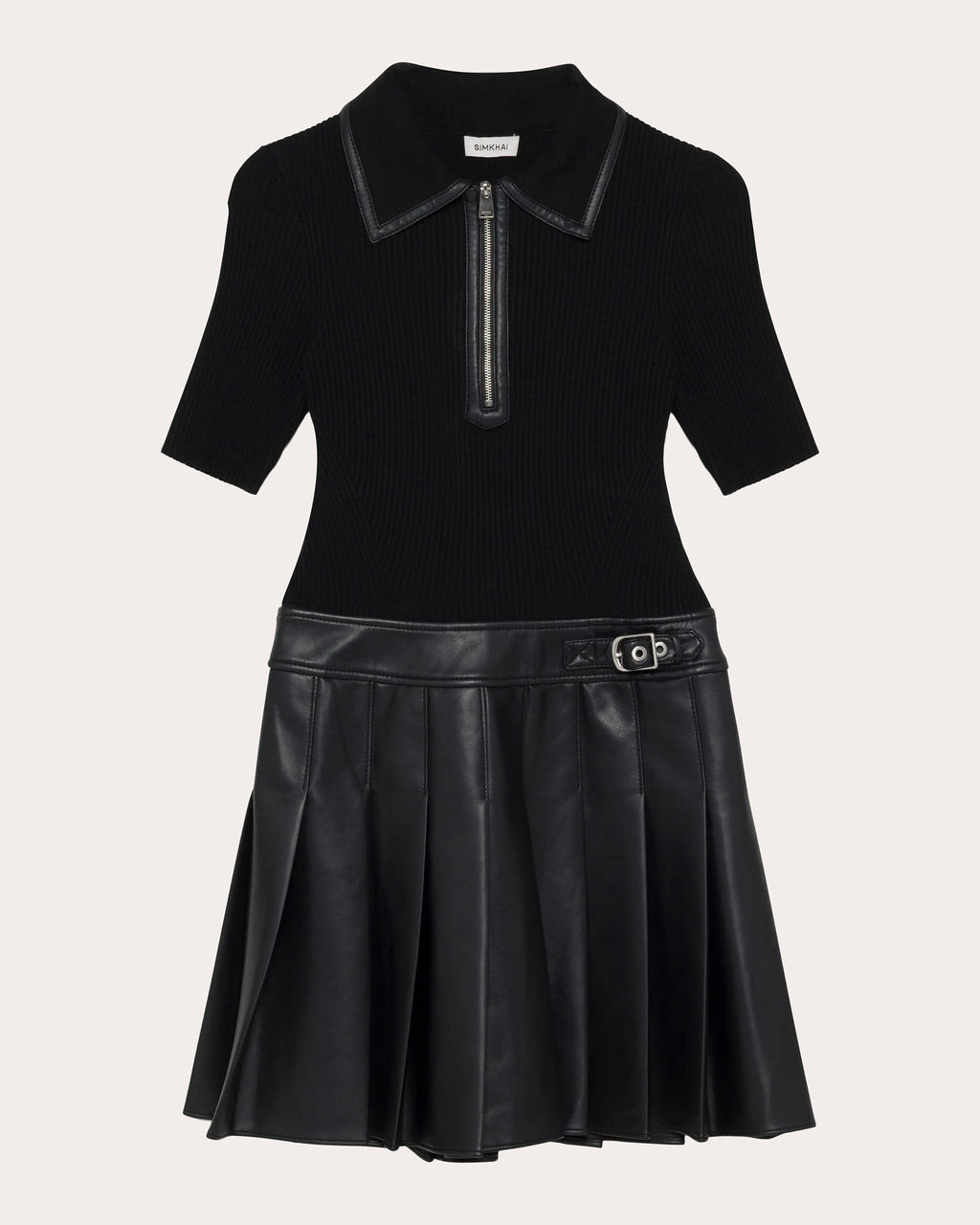 Linnie Knit Faux Leather Combo Pleated Mini Dress