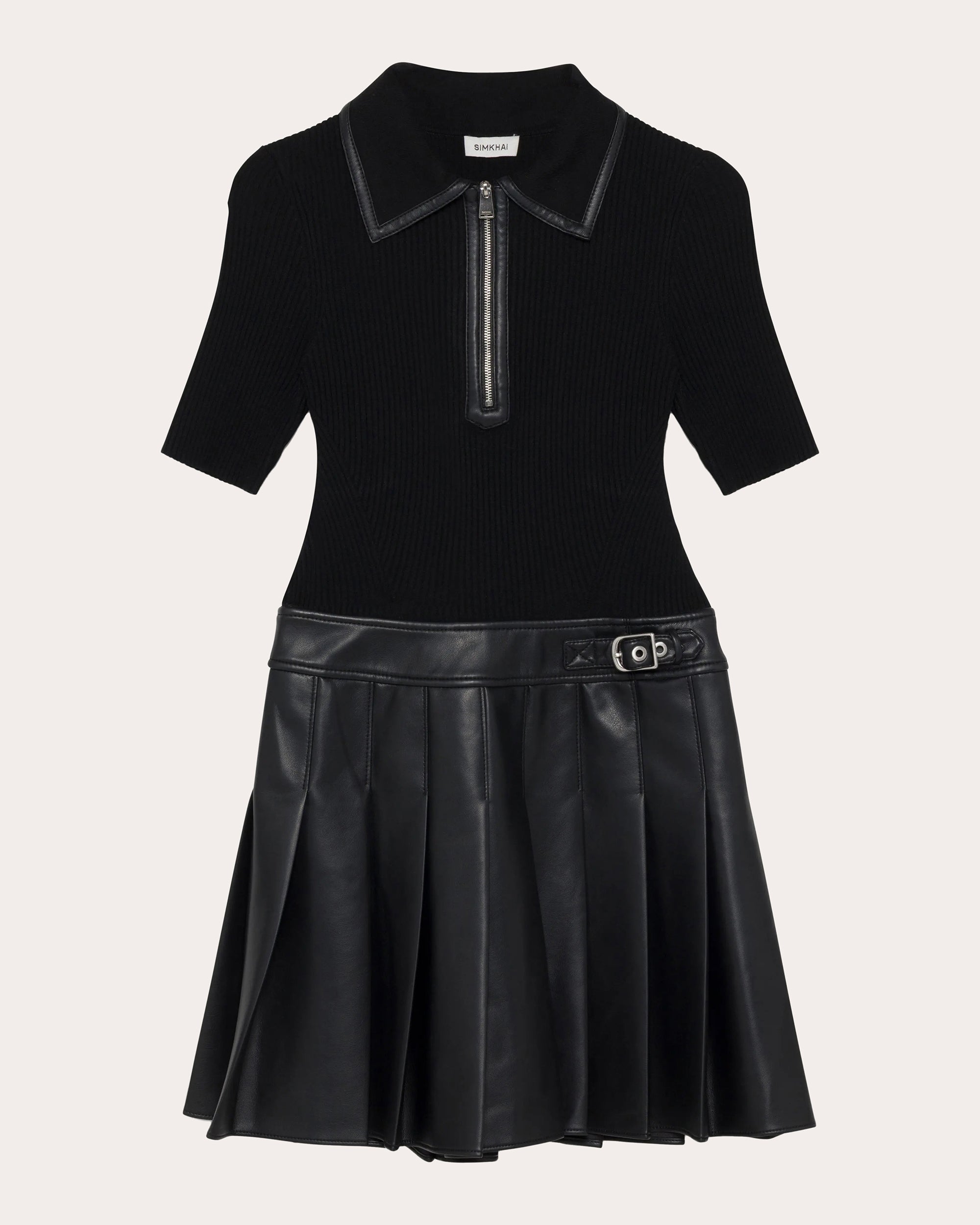Linnie Knit Faux Leather Combo Pleated Mini Dress