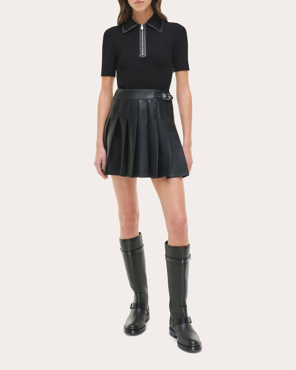 Linnie Knit Faux Leather Combo Pleated Mini Dress