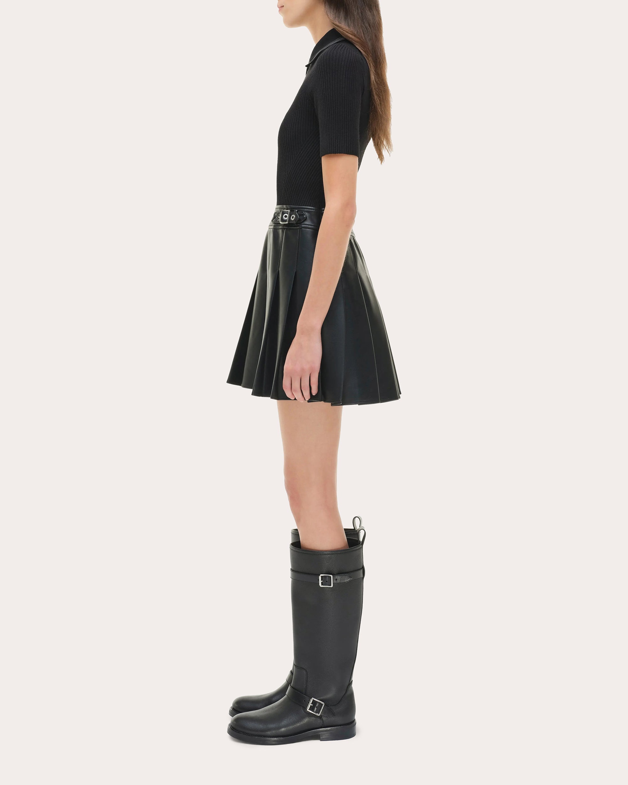 Linnie Knit Faux Leather Combo Pleated Mini Dress