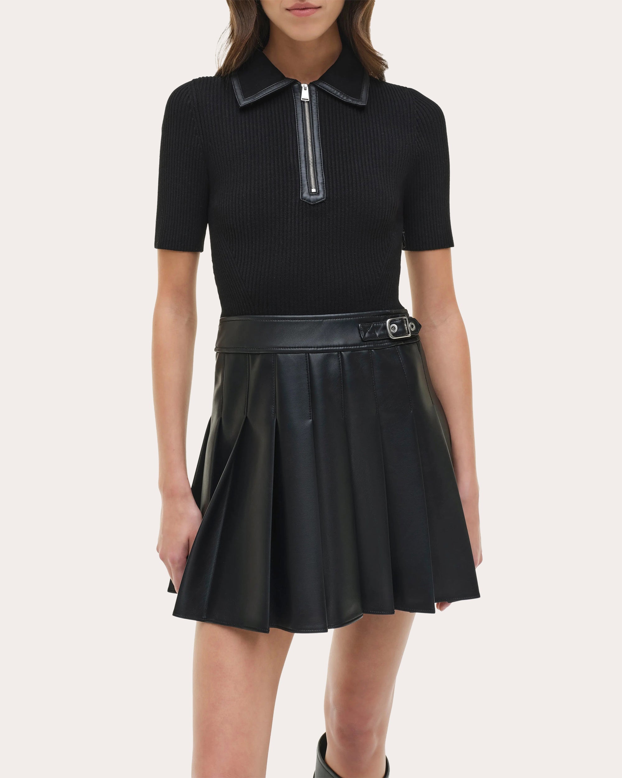 Linnie Knit Faux Leather Combo Pleated Mini Dress