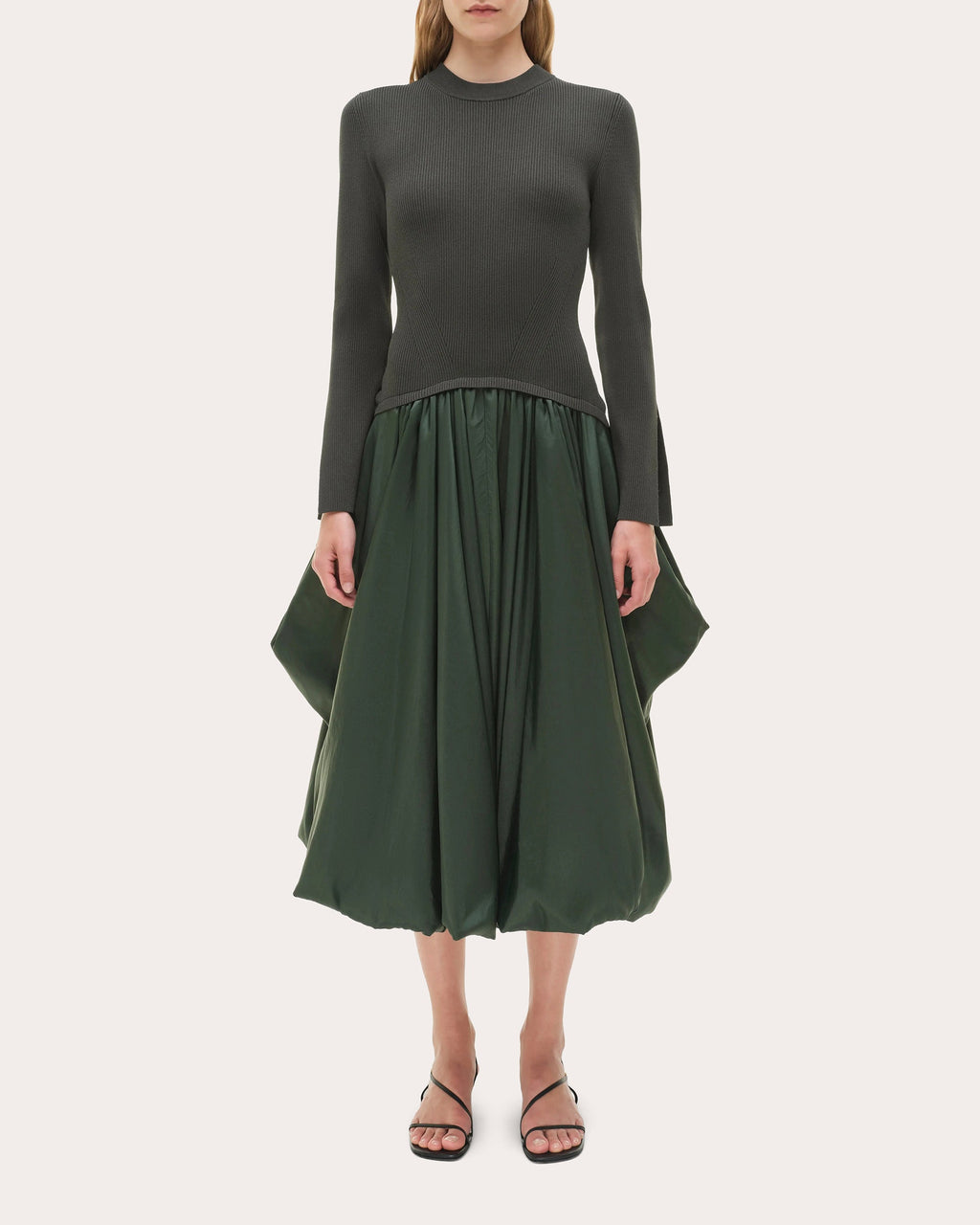 Kenlie Knit Taffeta Combo Gathered Midi Dress