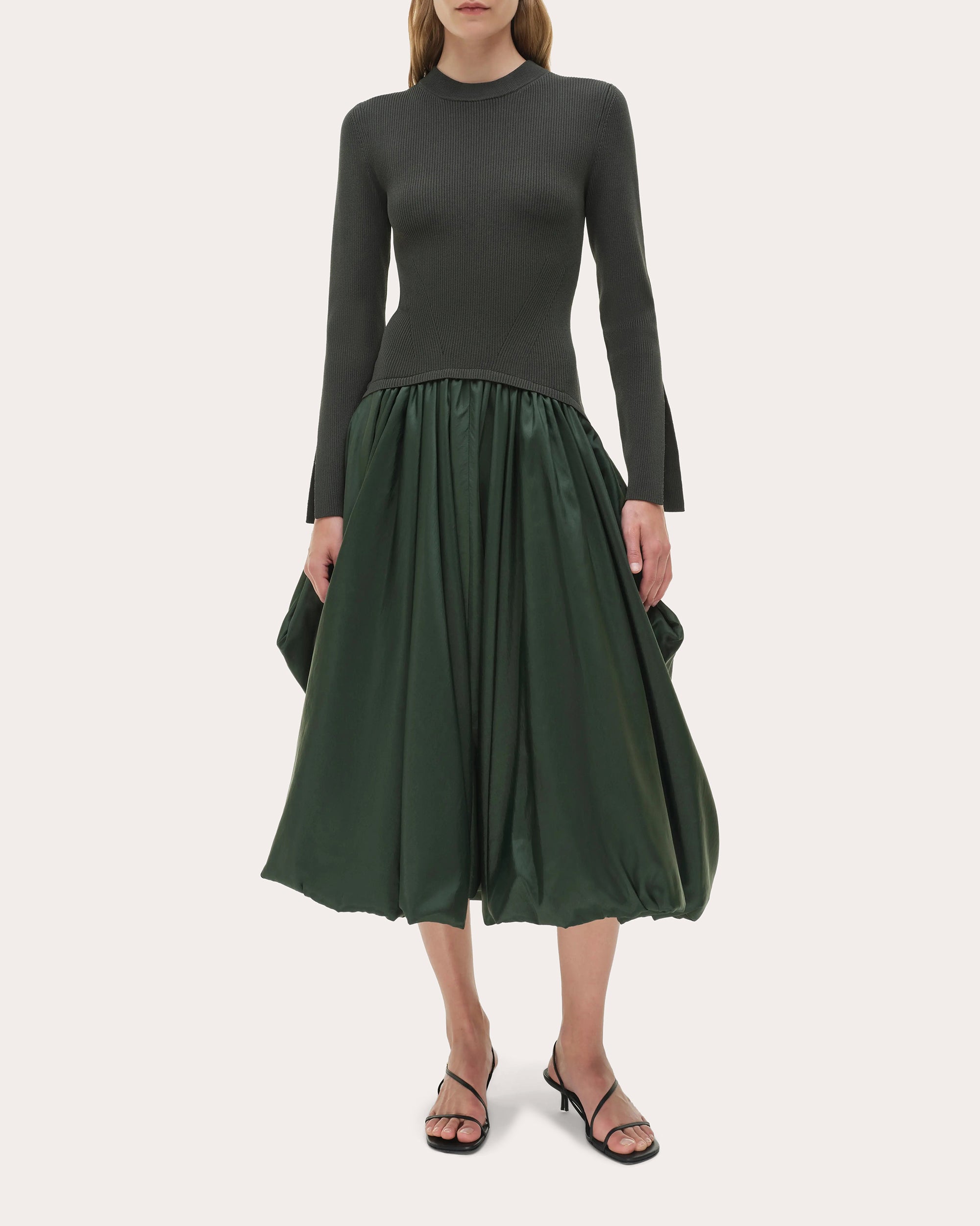 Kenlie Knit Taffeta Combo Gathered Midi Dress