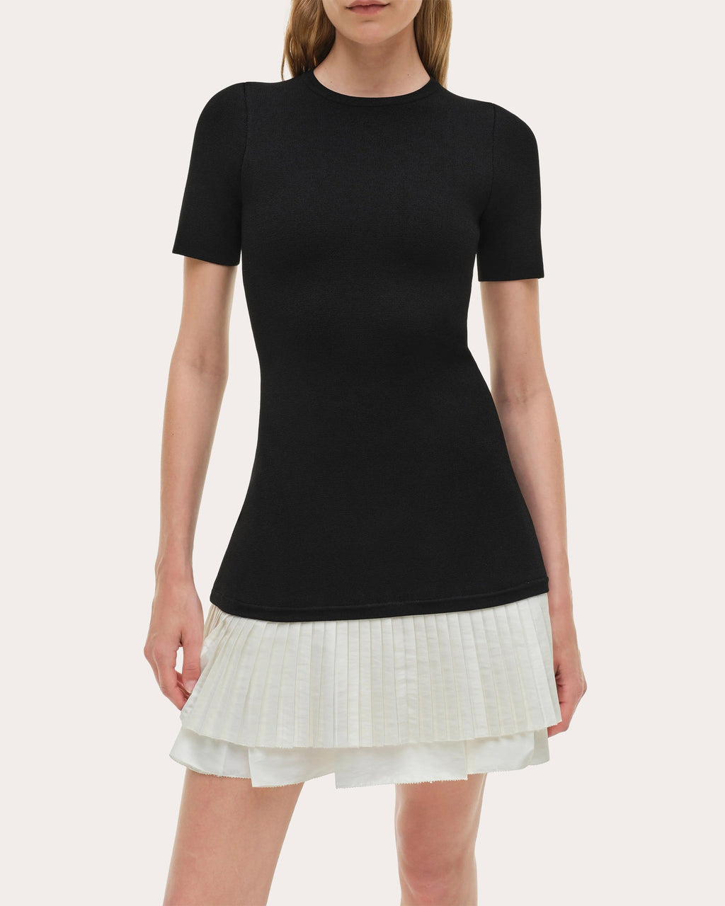 Lorin Knit Taffeta Combo Pleated Mini Dress