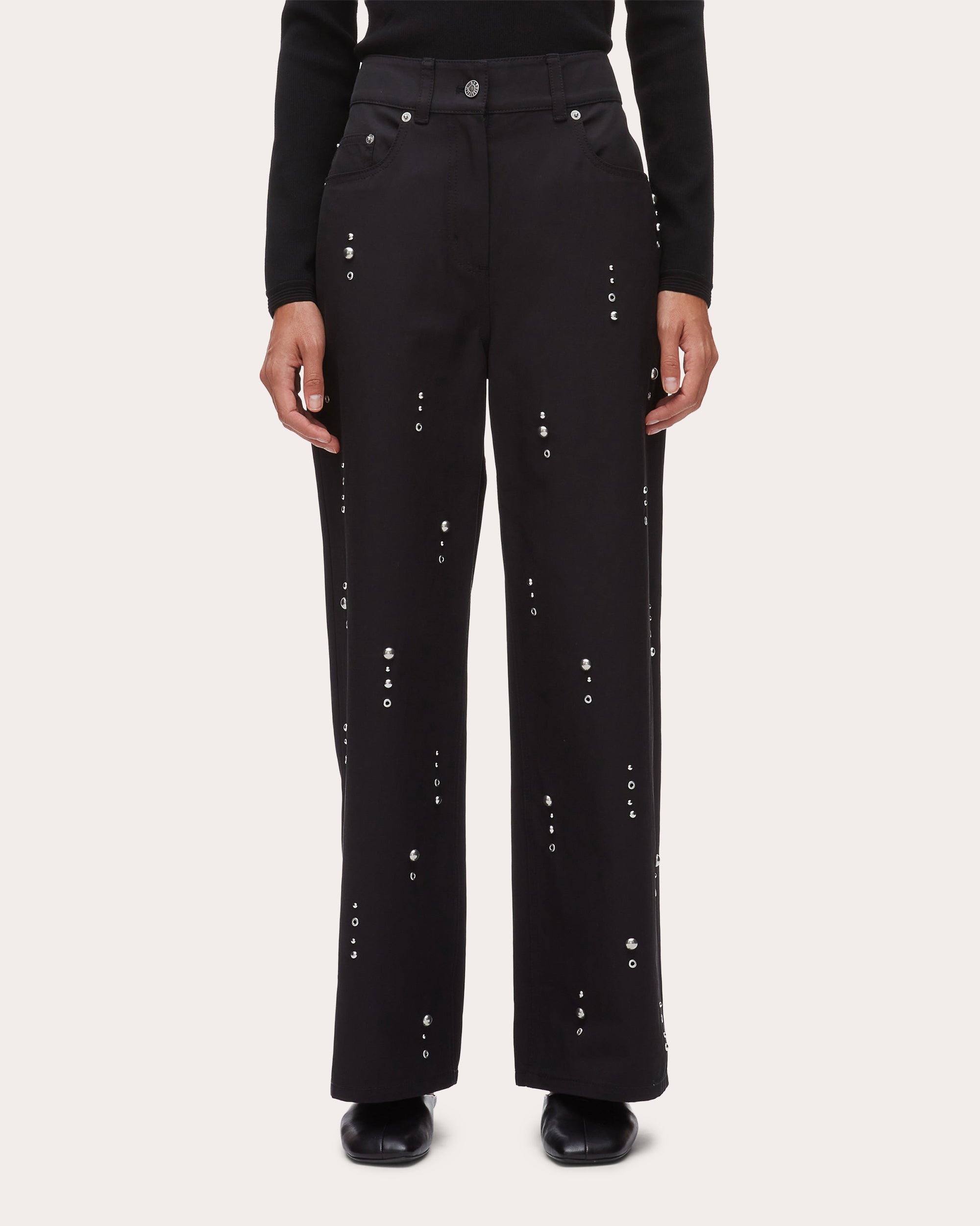 Studded Twill Wide-Leg Pants