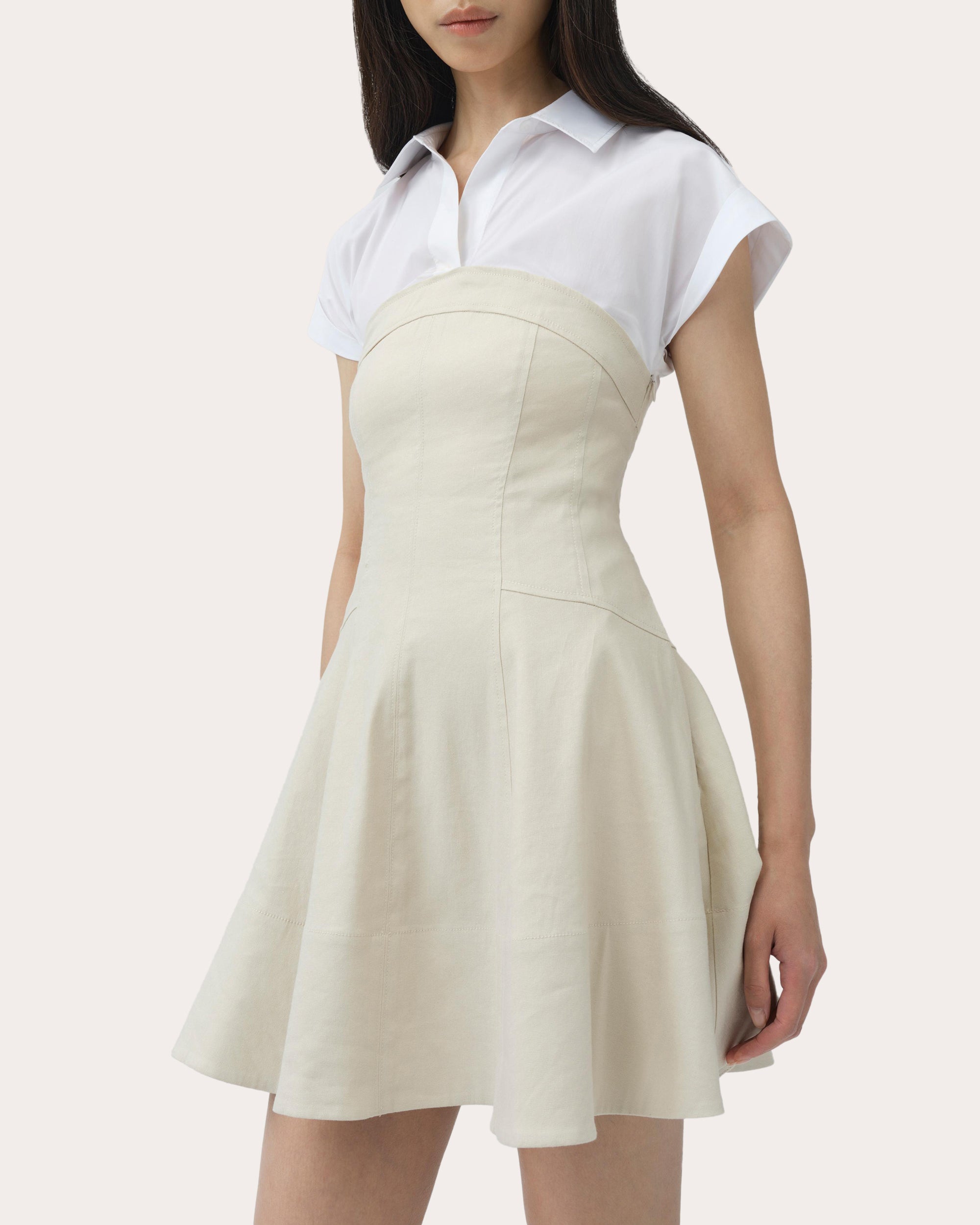 Sundae Poplin Linen Combo Flared Mini Dress