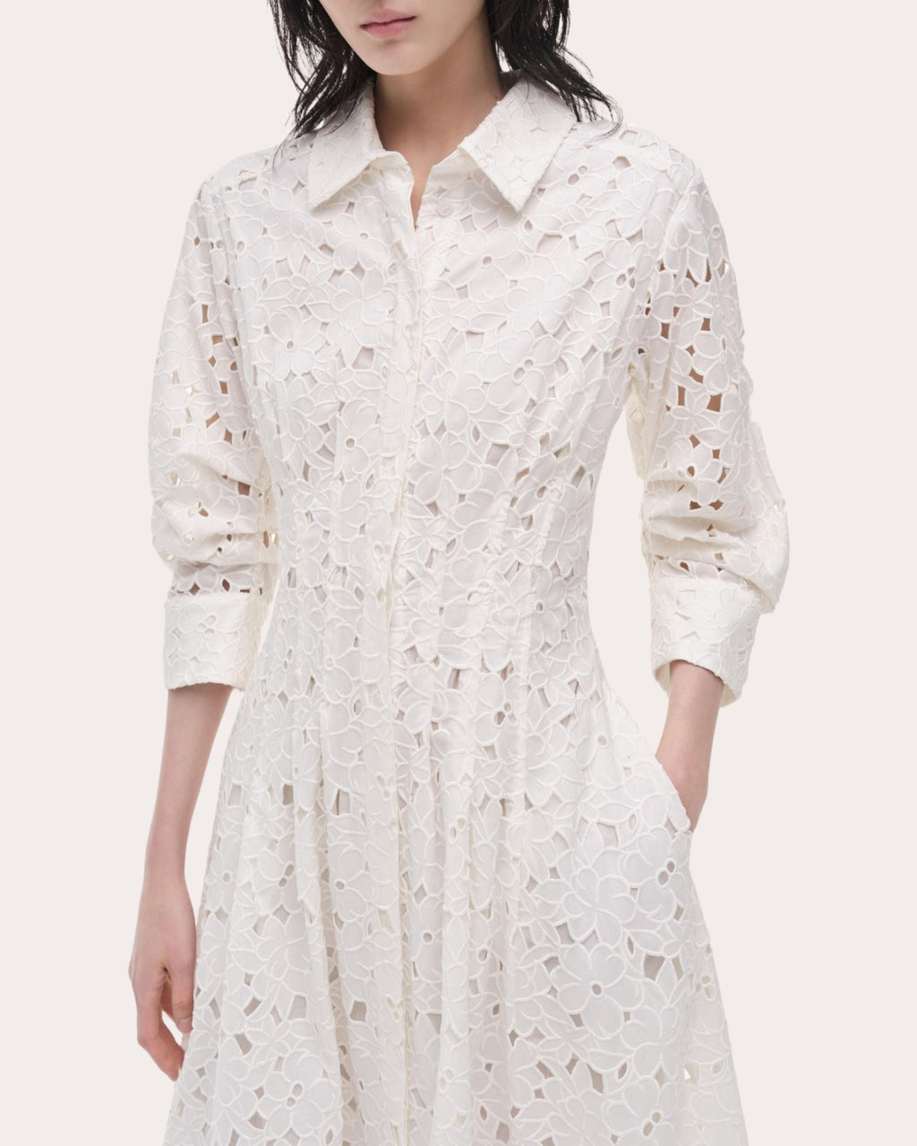 Jazz Pleated Broderie Anglaise Midi Shirt Dress