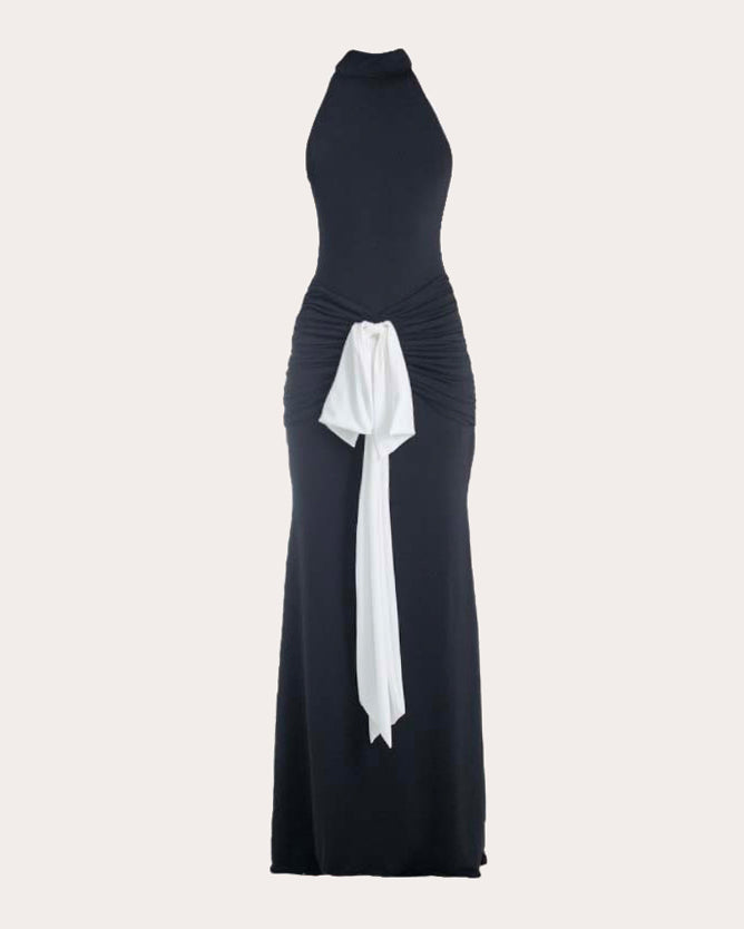 Sael Gathered Bow Mock Neck Gown
