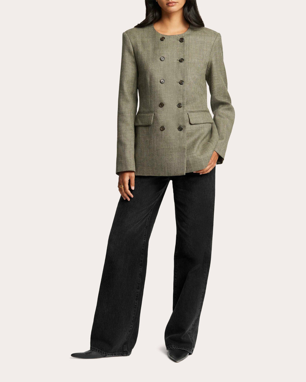 Herringbone Wool Double-Breasted Crewneck Blazer