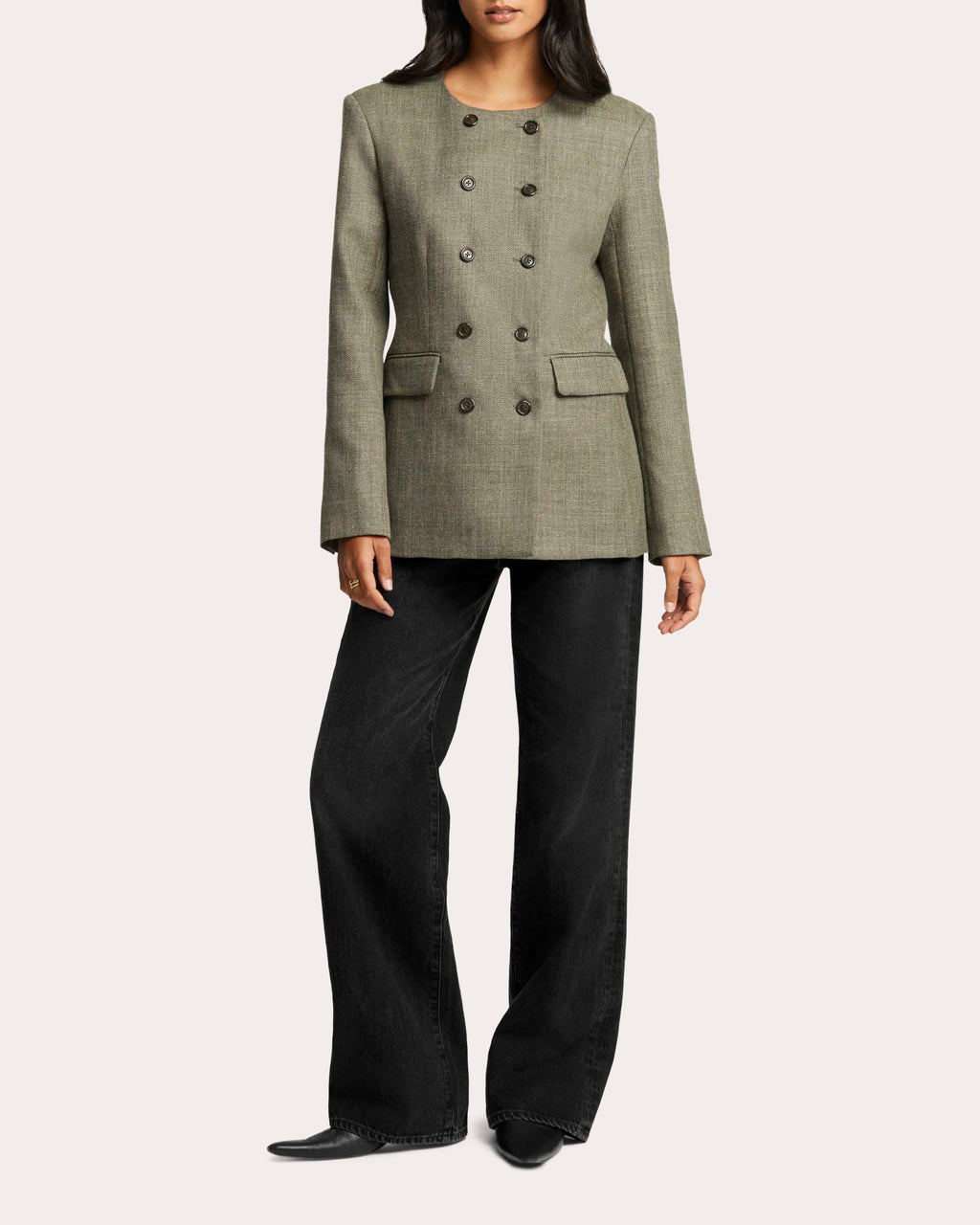 Herringbone Wool Double-Breasted Crewneck Blazer