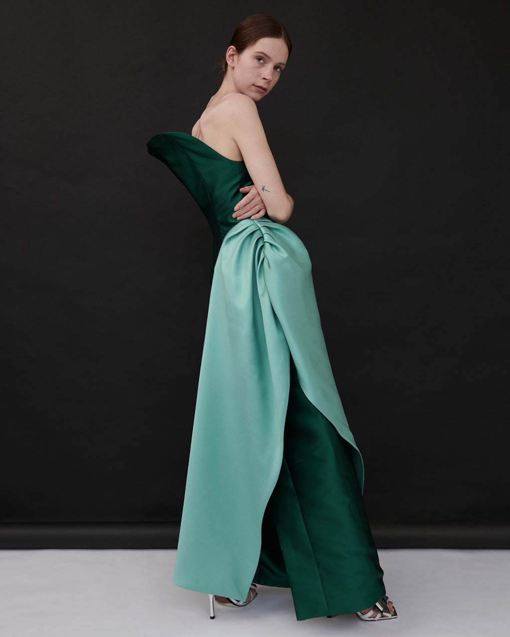 Pearl Satin Gathered Drape Strapless Dress