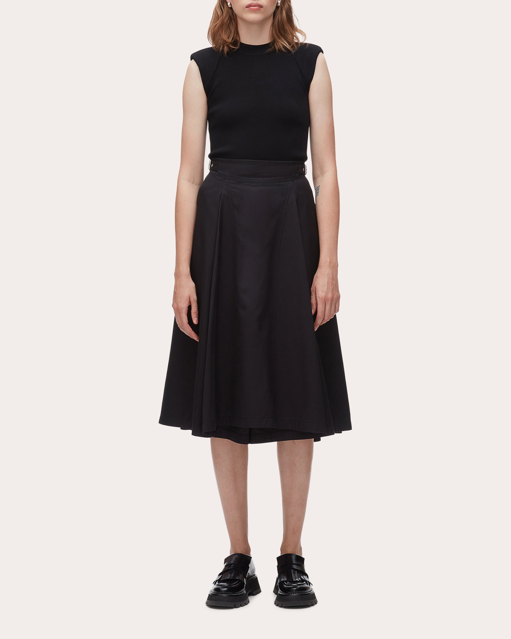Twill Pleated Biker Midi Skirt