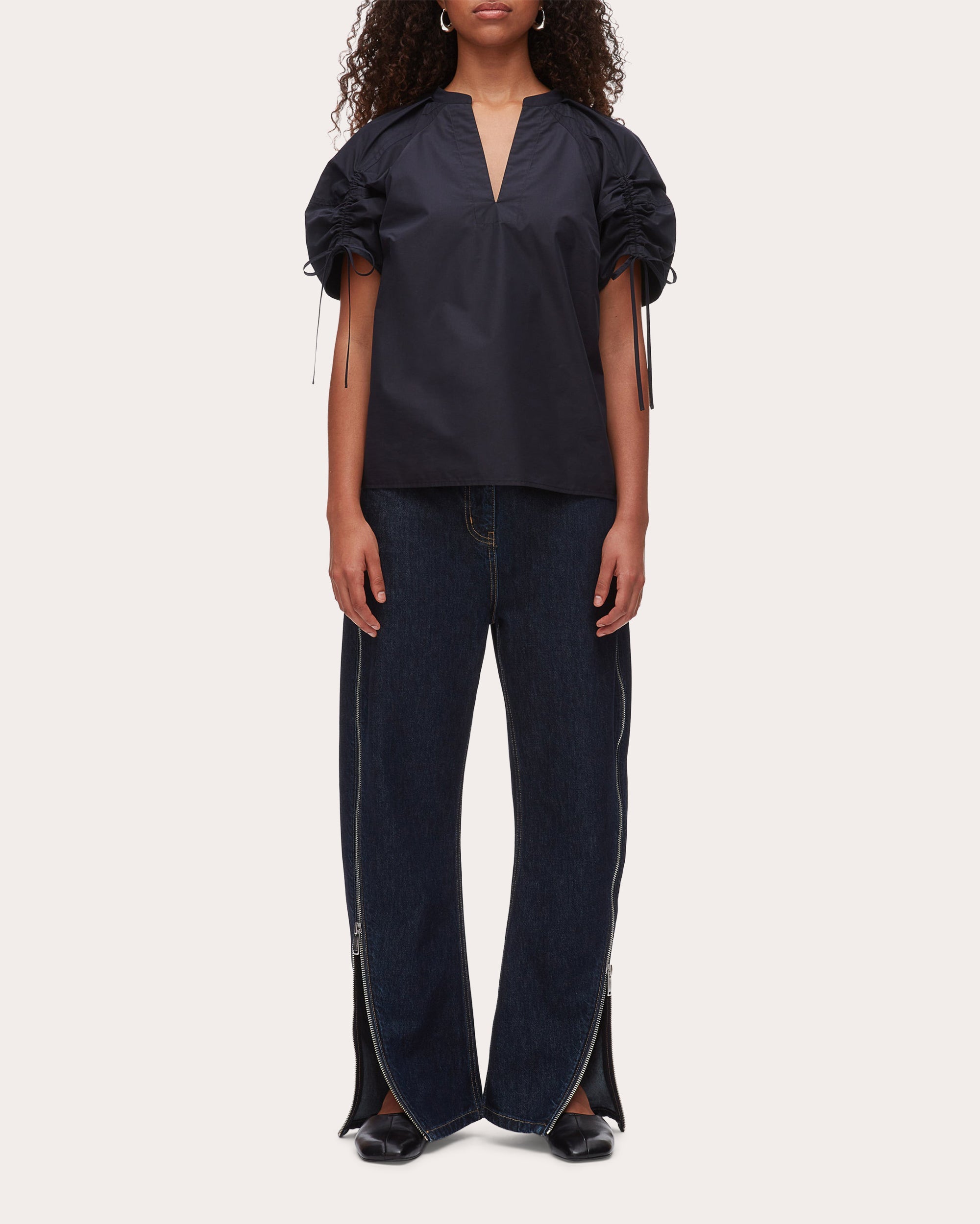 Cotton Poplin Ruched Puff-Sleeve Top