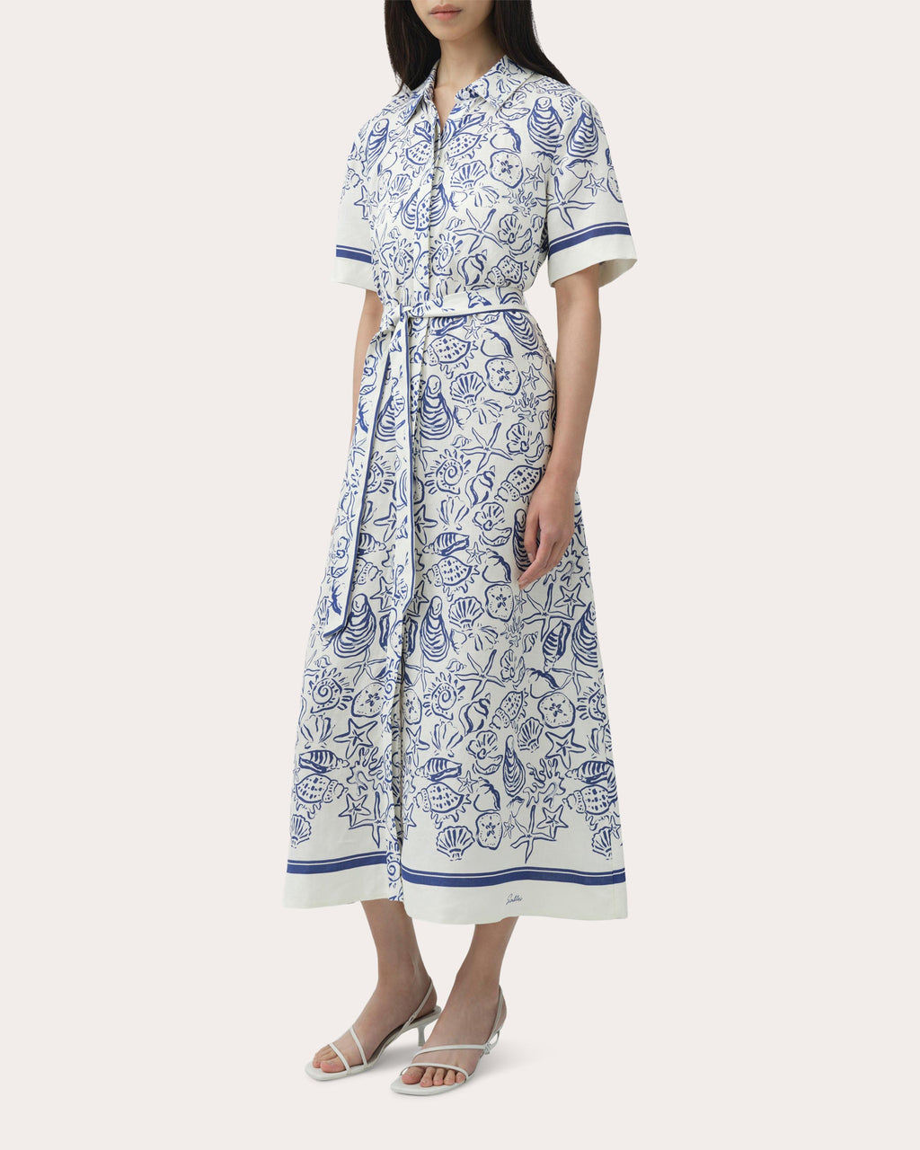 Audria Seashell Linen Belted Midi Shirt Dress