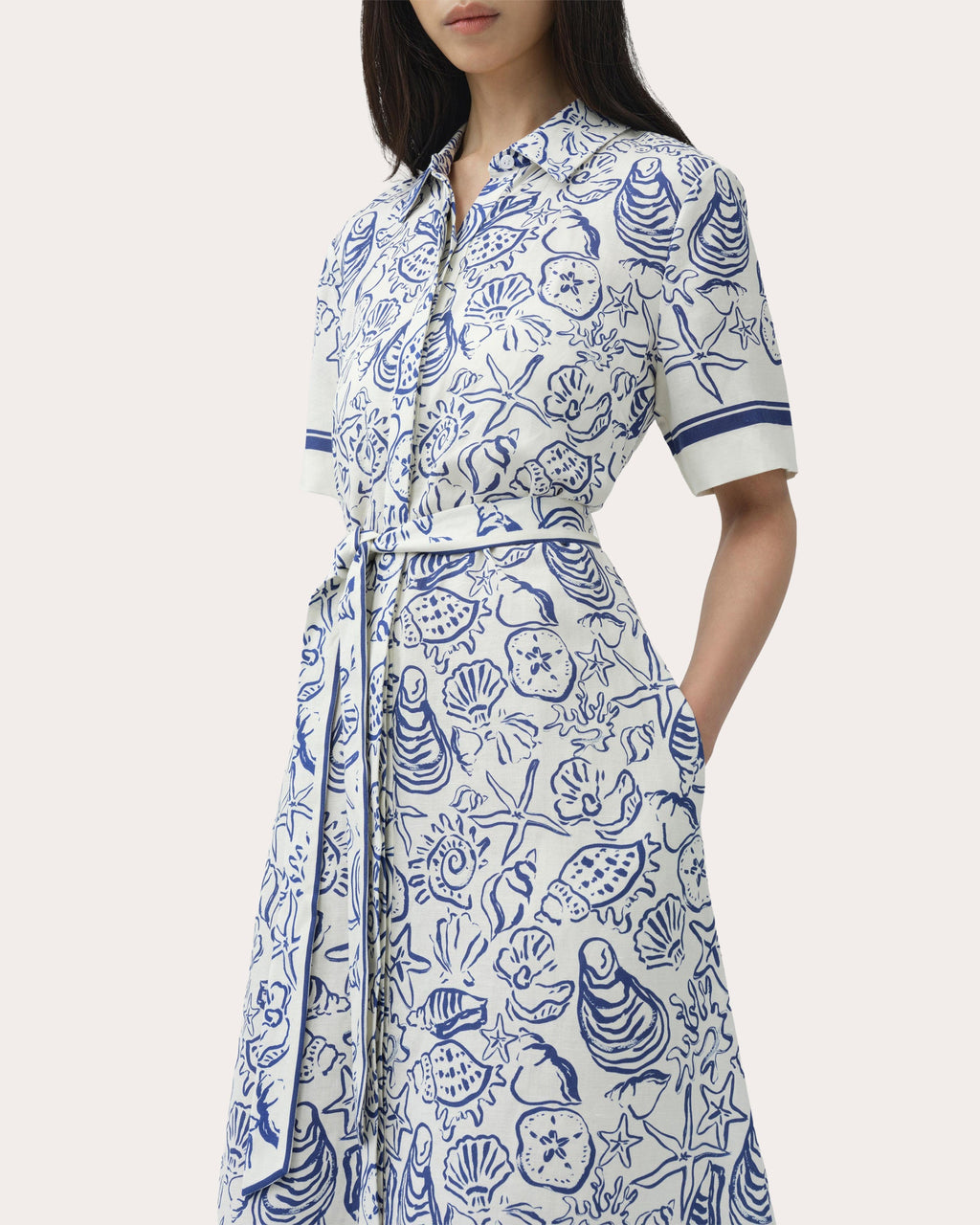 Audria Seashell Linen Belted Midi Shirt Dress