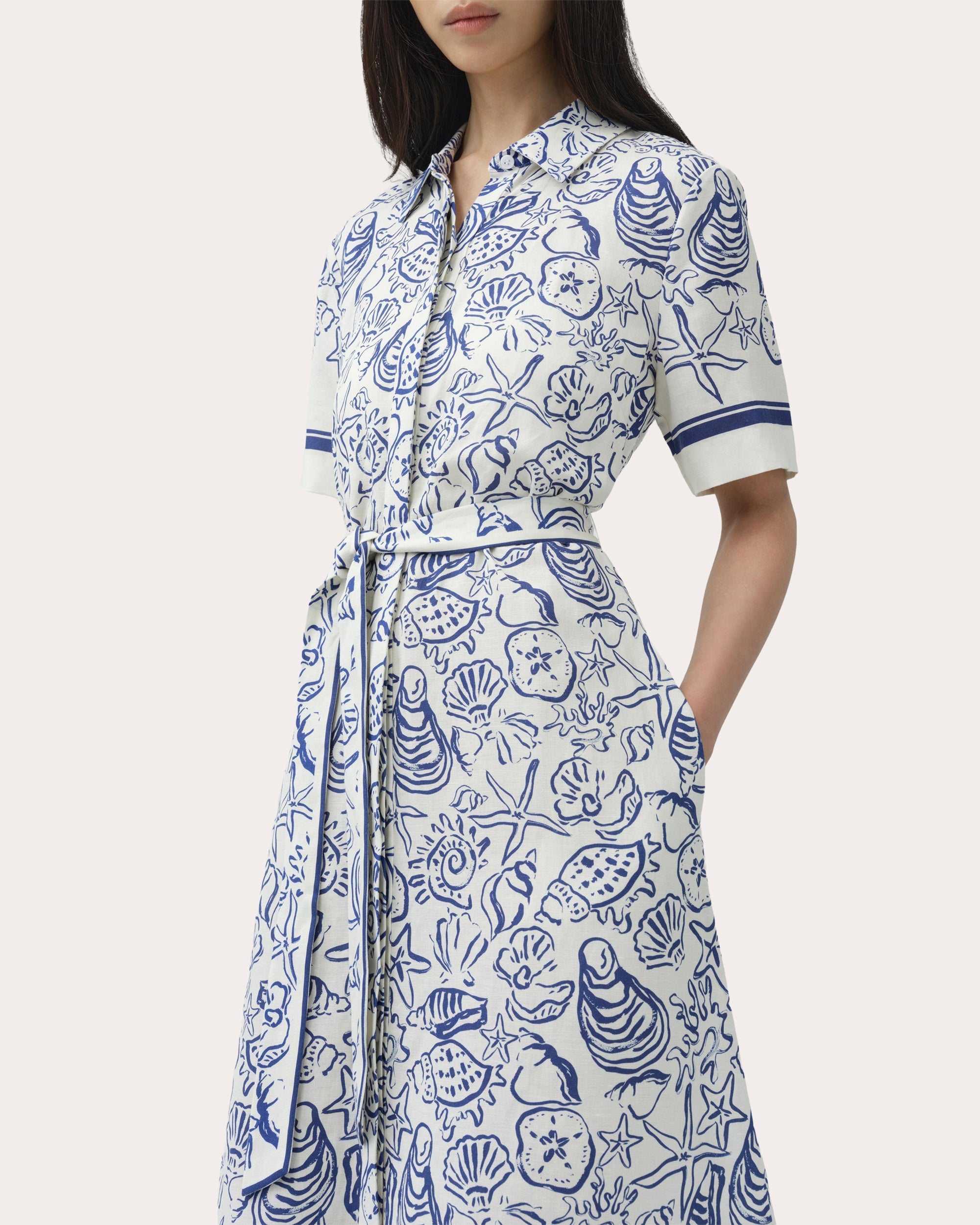 Audria Seashell Linen Belted Midi Shirt Dress