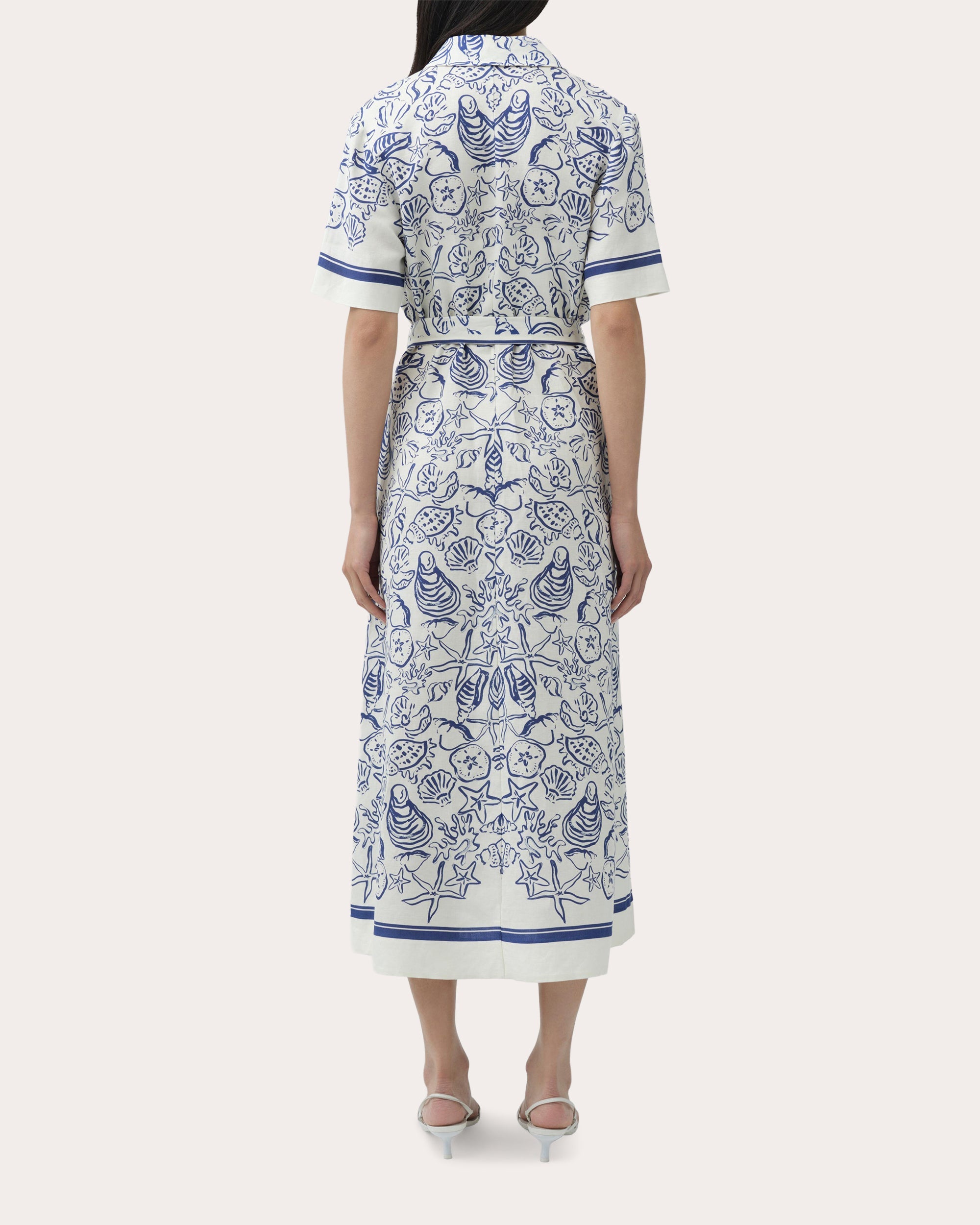 Audria Seashell Linen Belted Midi Shirt Dress