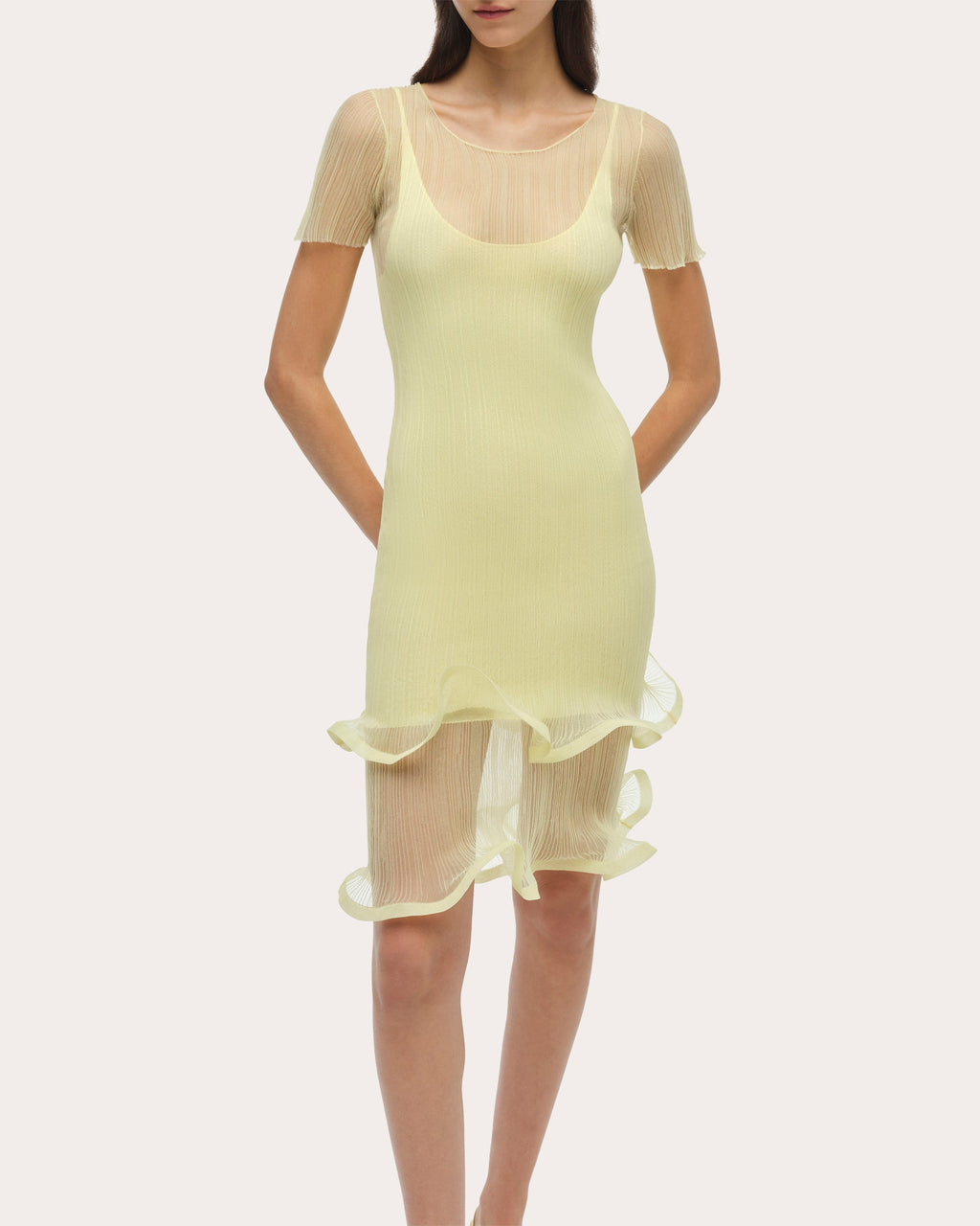Jett Sheer Plissé Ruffle Mini Dress