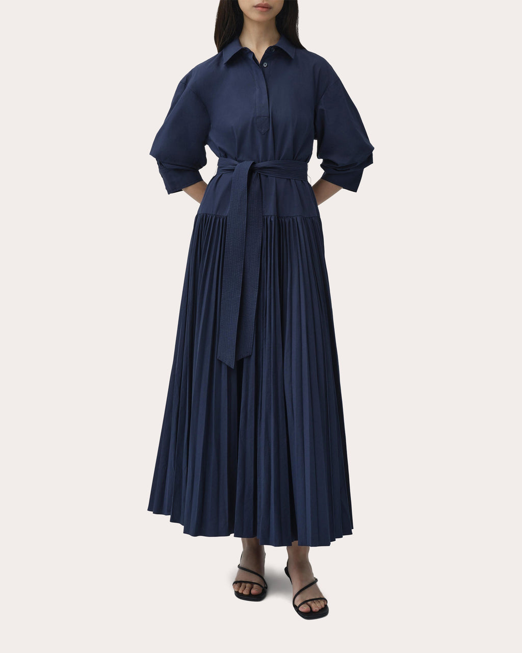 Arlo Poplin Belted Pleated Maxi Shirt Dress