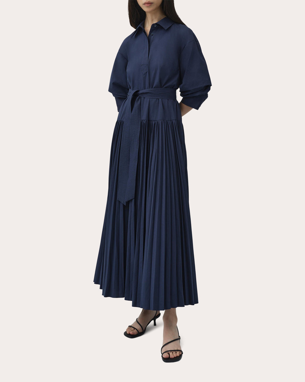 Arlo Poplin Belted Pleated Maxi Shirt Dress