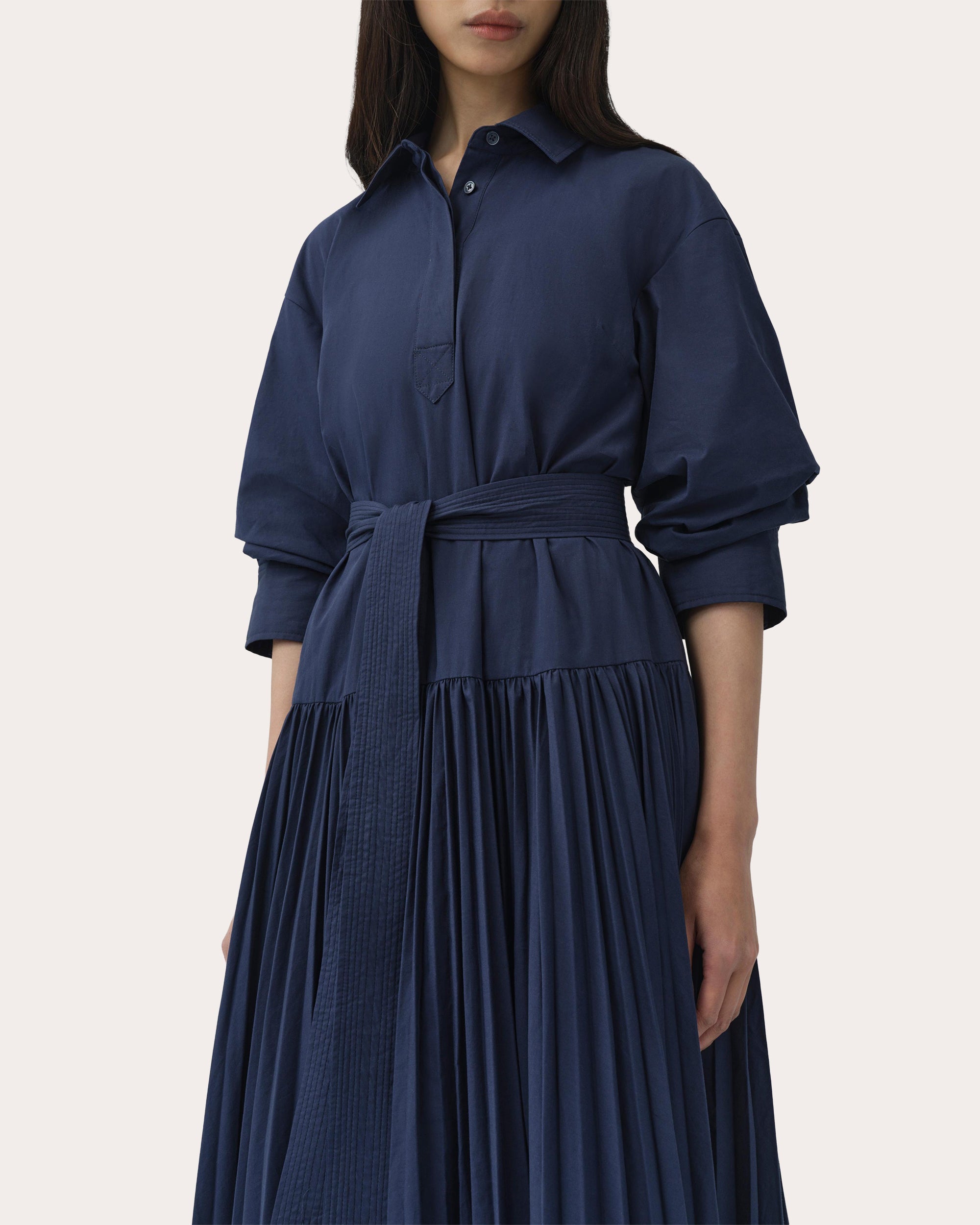 Arlo Poplin Belted Pleated Maxi Shirt Dress