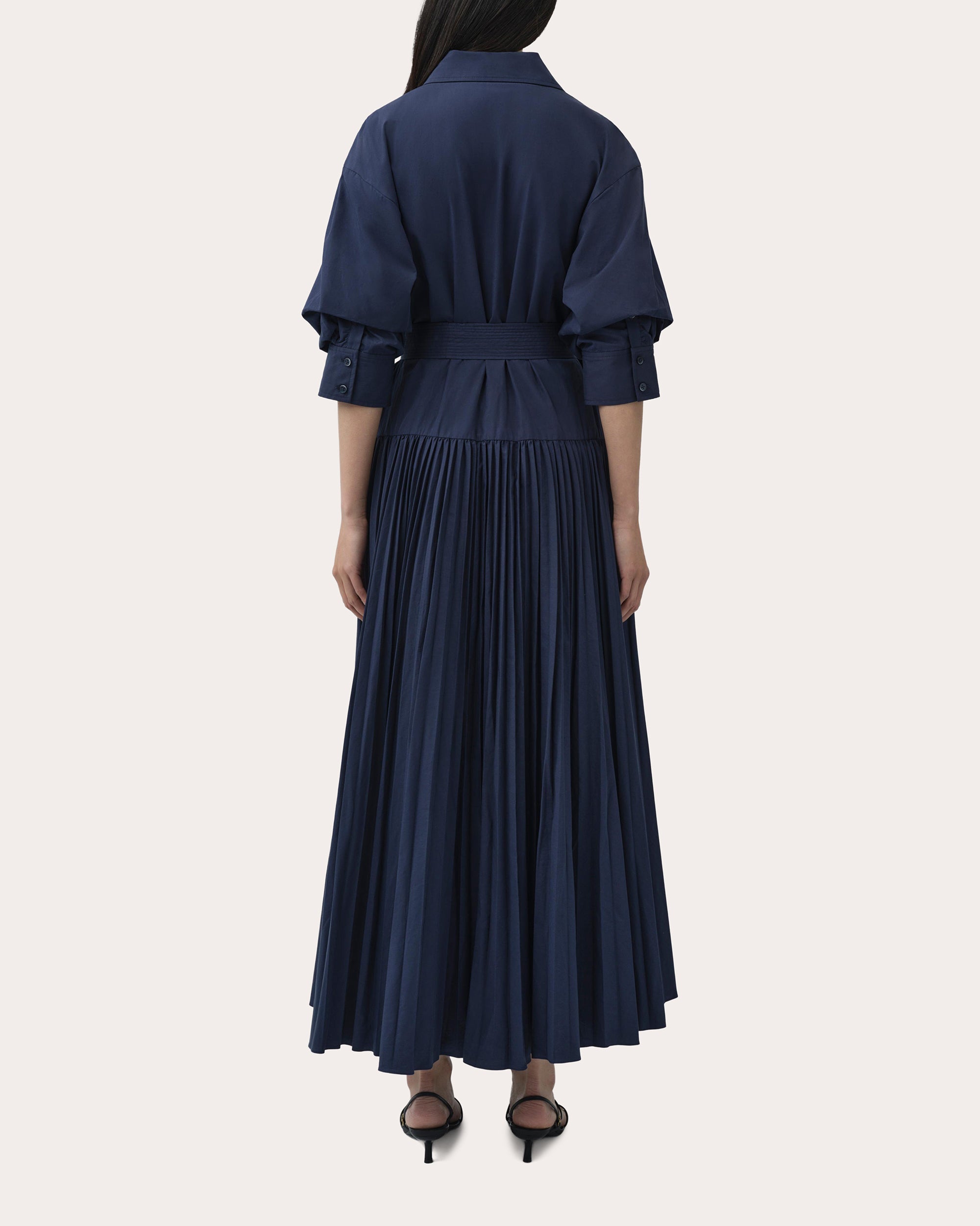 Arlo Poplin Belted Pleated Maxi Shirt Dress